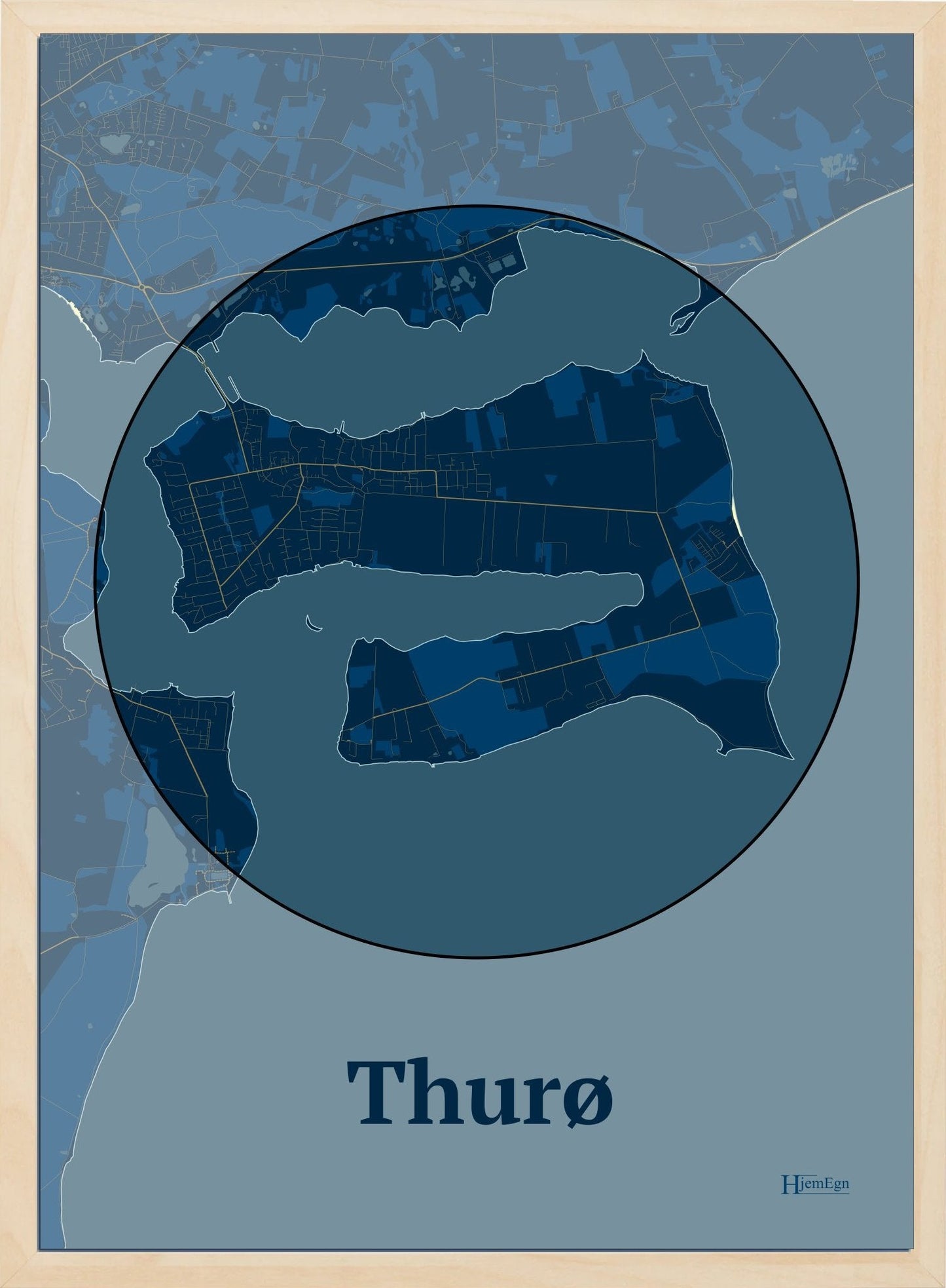 Thurø plakat i farve mørk blå og HjemEgn.dk design centrum. Design ø-kort for Thurø