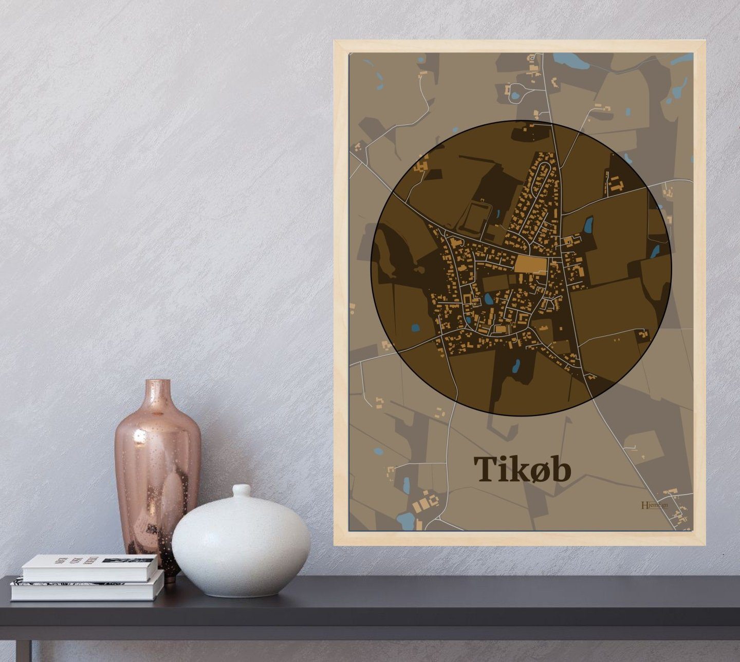 Tikøb plakat i farve  og HjemEgn.dk design centrum. Design bykort for Tikøb