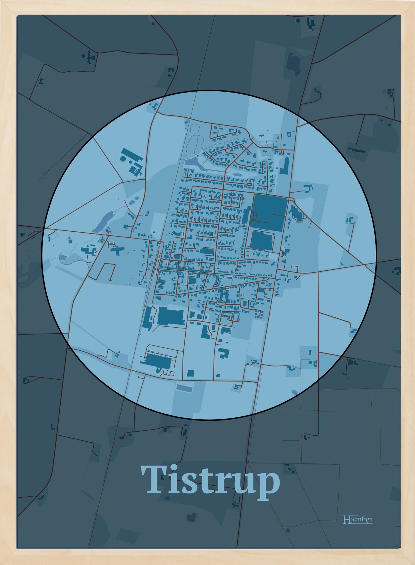 Tistrup plakat i farve pastel blå og HjemEgn.dk design centrum. Design bykort for Tistrup