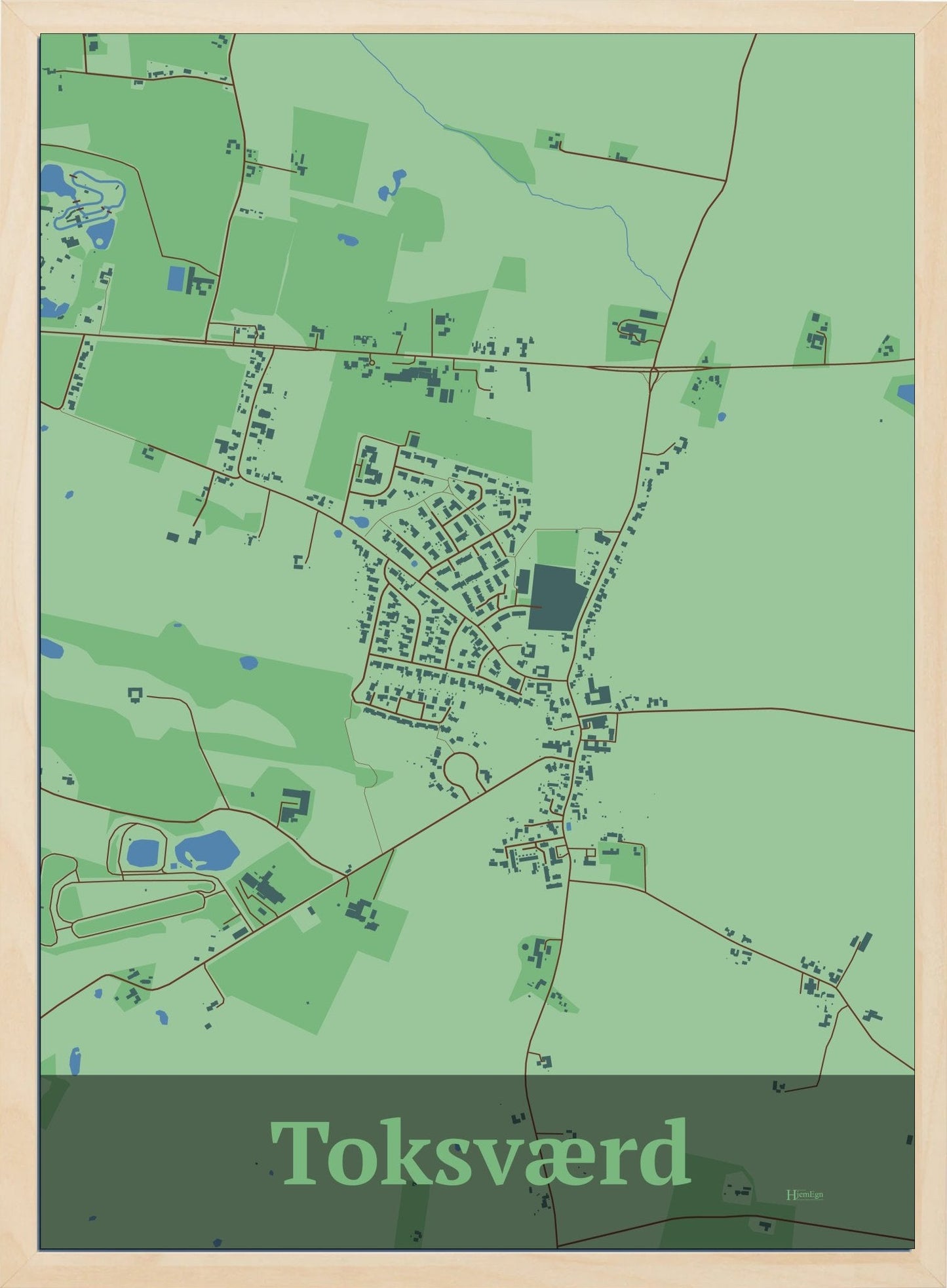 Toksværd plakat i farve pastel grøn og HjemEgn.dk design firkantet. Design bykort for Toksværd