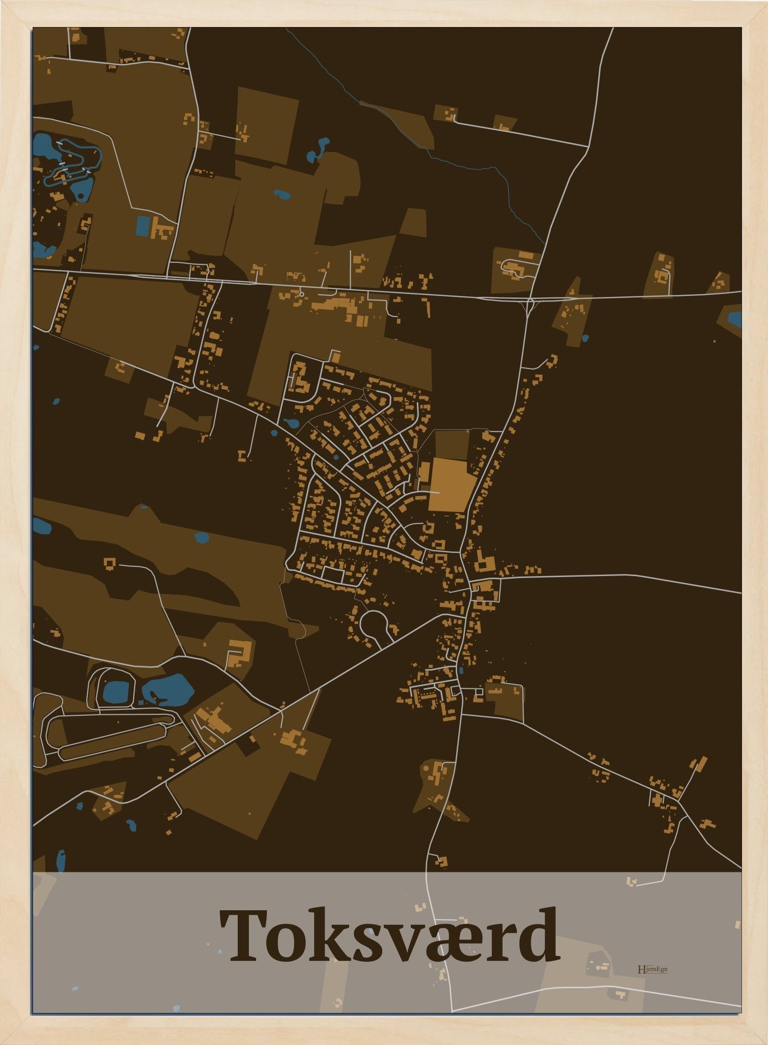Toksværd plakat i farve mørk brun og HjemEgn.dk design firkantet. Design bykort for Toksværd
