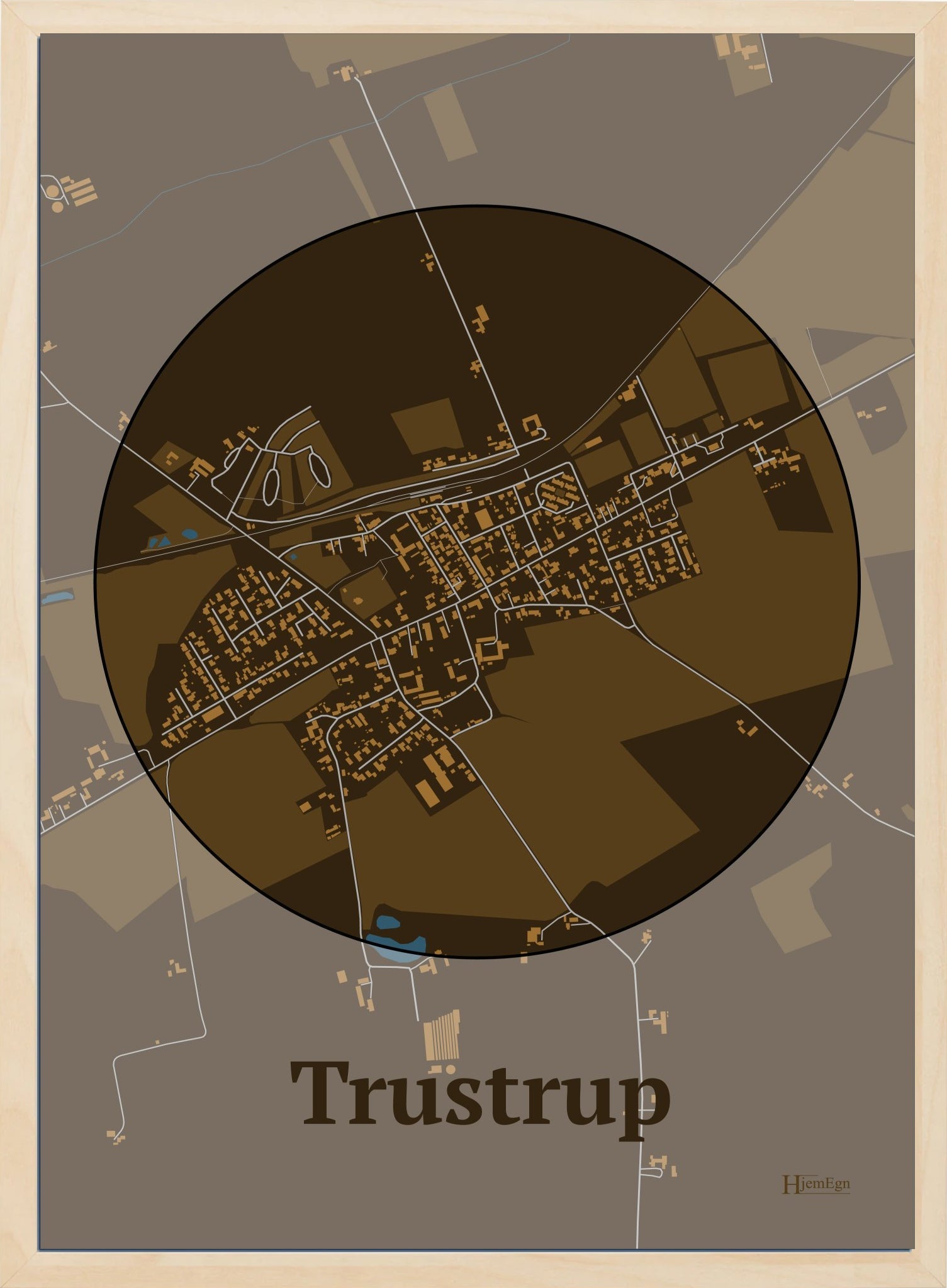Trustrup plakat i farve mørk brun og HjemEgn.dk design centrum. Design bykort for Trustrup