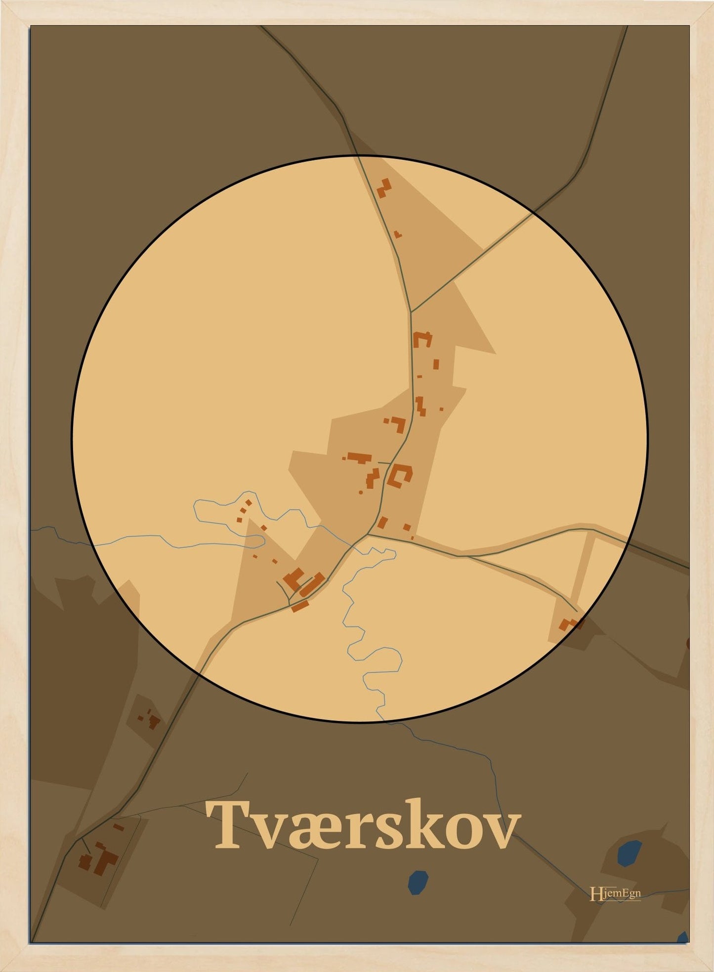 Tværskov plakat i farve pastel brun og HjemEgn.dk design centrum. Design bykort for Tværskov