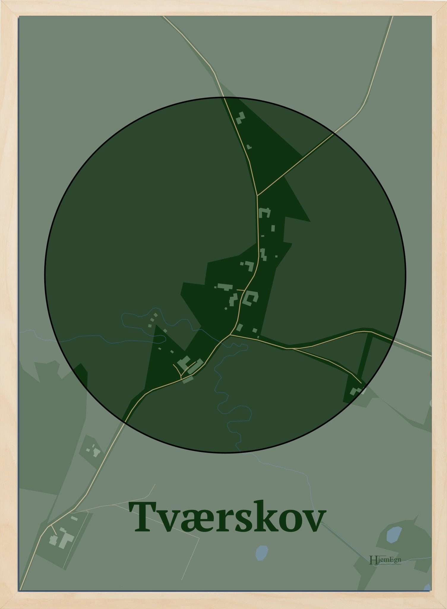 Tværskov plakat i farve mørk grøn og HjemEgn.dk design centrum. Design bykort for Tværskov