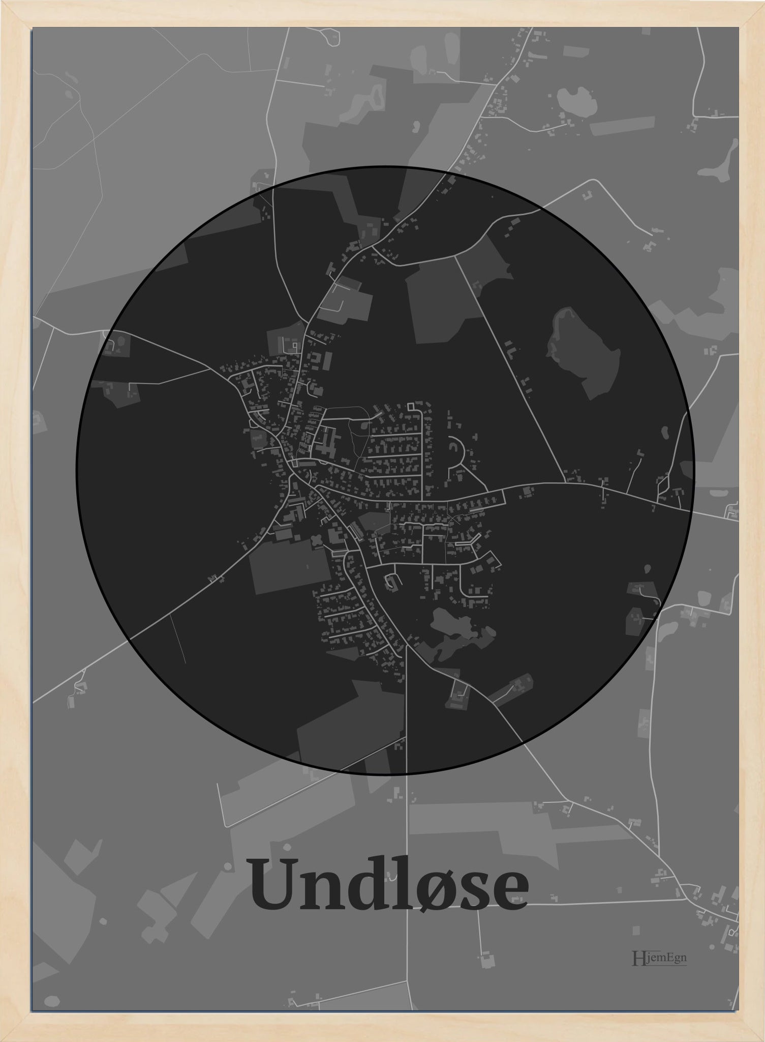 Undløse plakat i farve mørk grå og HjemEgn.dk design centrum. Design bykort for Undløse