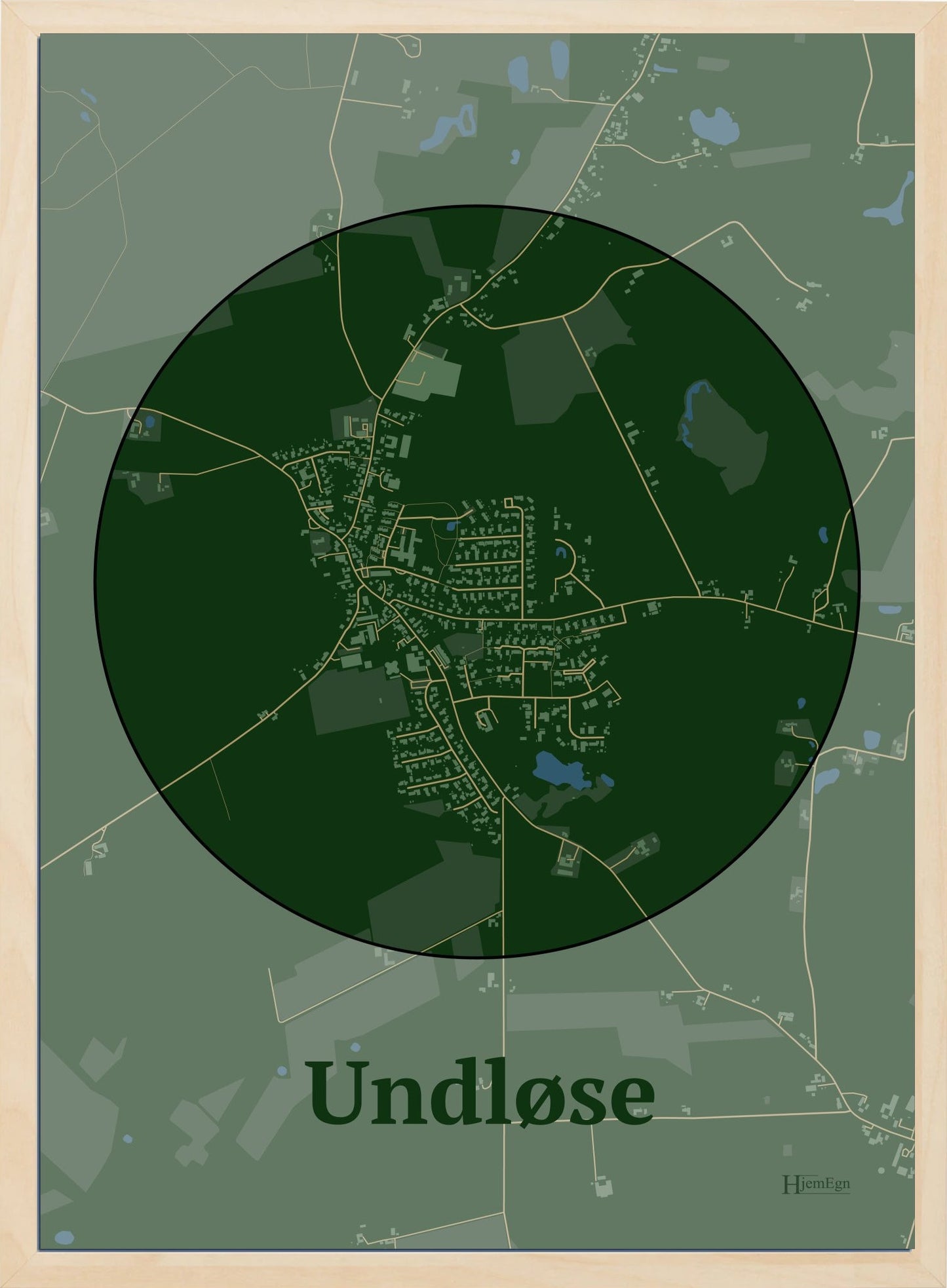 Undløse plakat i farve mørk grøn og HjemEgn.dk design centrum. Design bykort for Undløse