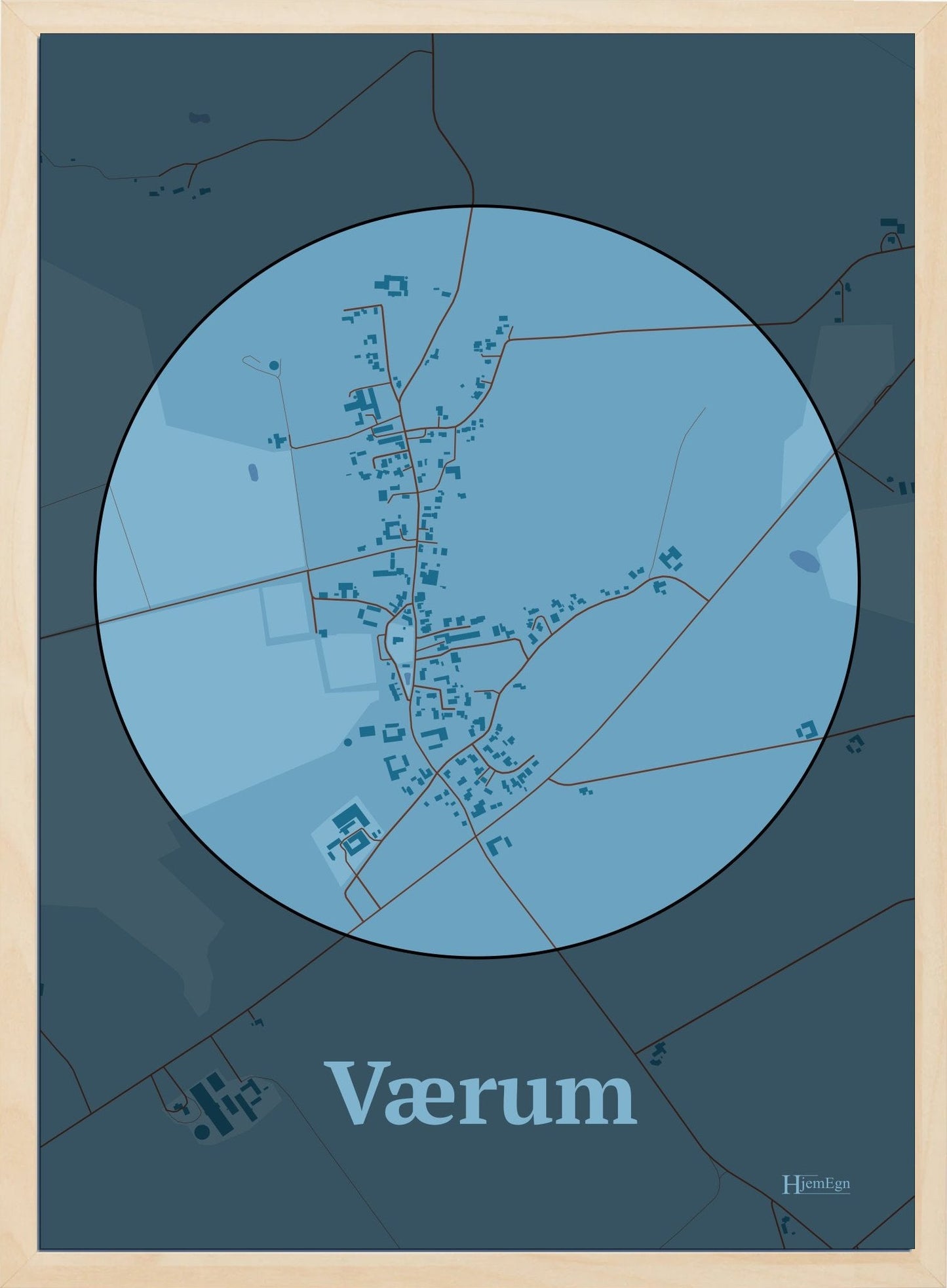 Værum plakat i farve pastel blå og HjemEgn.dk design centrum. Design bykort for Værum