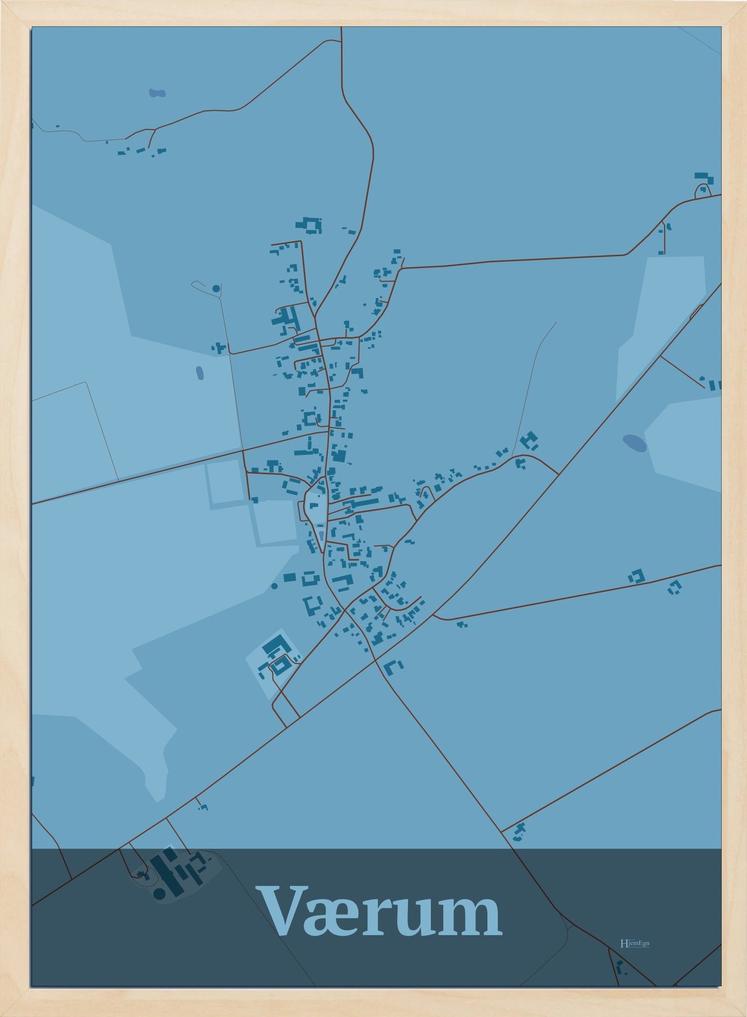 Værum plakat i farve pastel blå og HjemEgn.dk design firkantet. Design bykort for Værum
