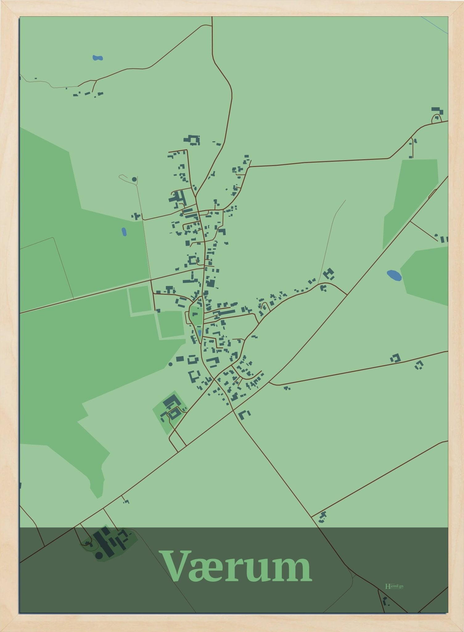 Værum plakat i farve pastel grøn og HjemEgn.dk design firkantet. Design bykort for Værum