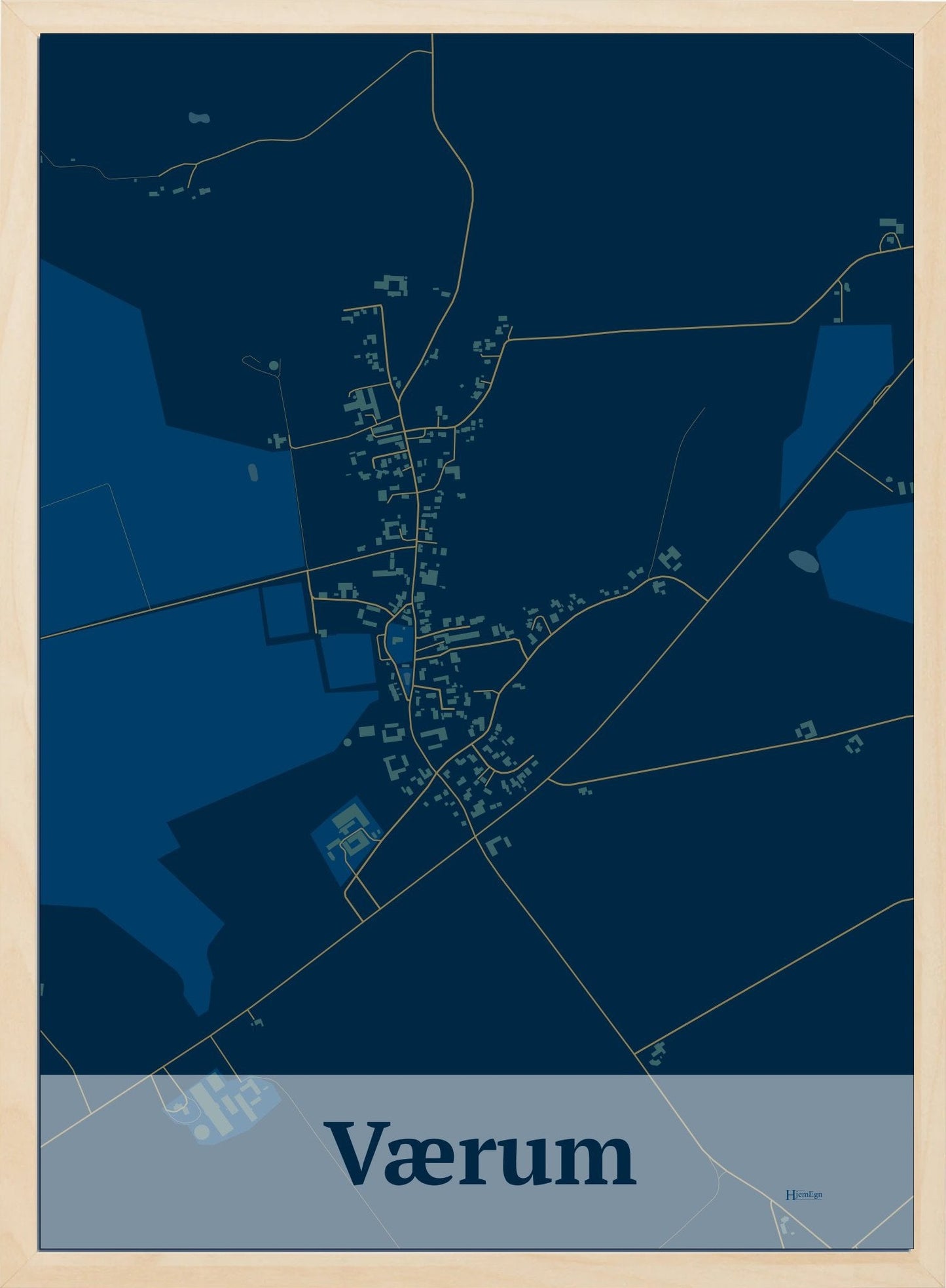 Værum plakat i farve mørk blå og HjemEgn.dk design firkantet. Design bykort for Værum