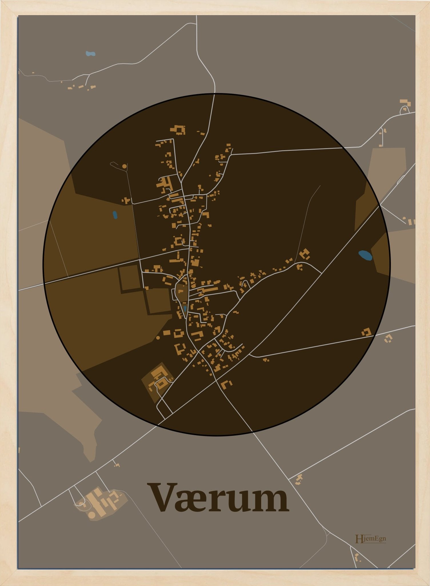 Værum plakat i farve mørk brun og HjemEgn.dk design centrum. Design bykort for Værum