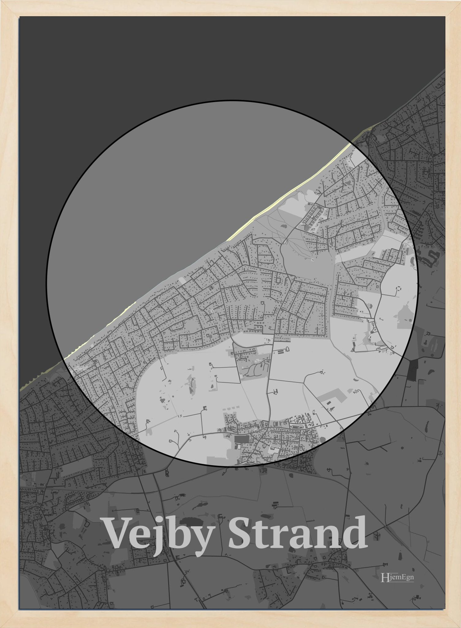 Vejby Strand plakat i farve pastel grå og HjemEgn.dk design centrum. Design bykort for Vejby Strand