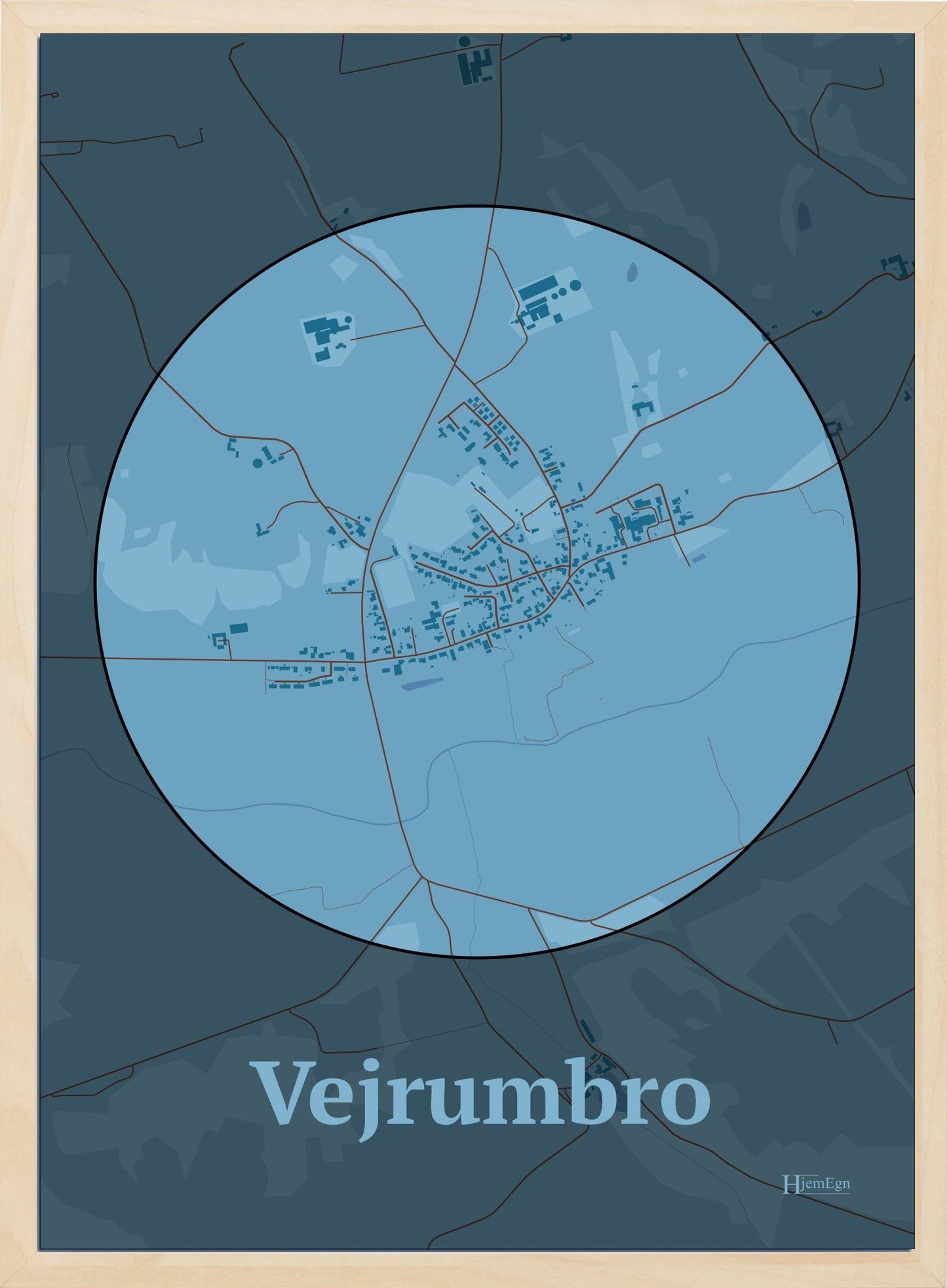 Vejrumbro plakat i farve pastel blå og HjemEgn.dk design centrum. Design bykort for Vejrumbro