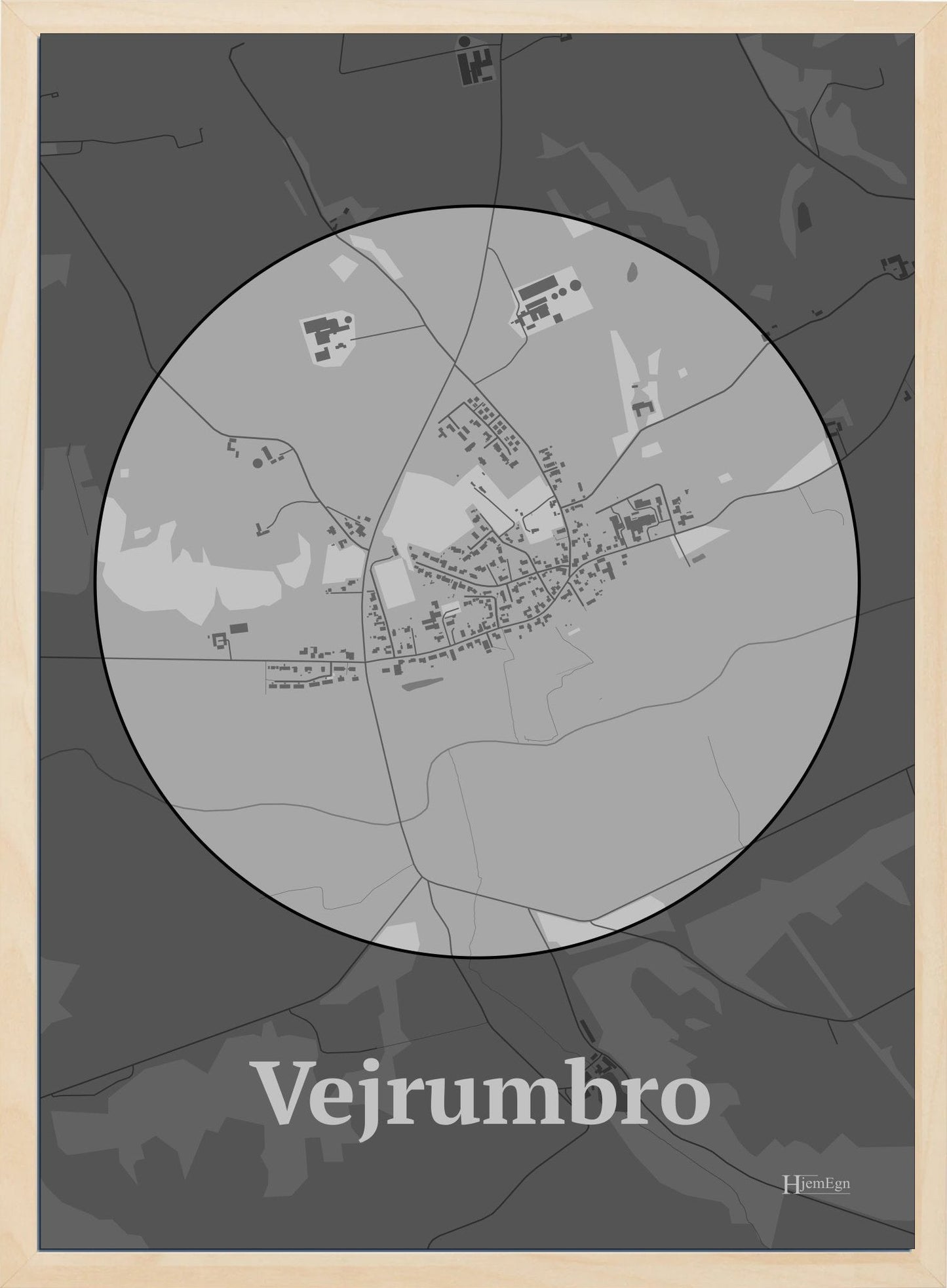 Vejrumbro plakat i farve pastel grå og HjemEgn.dk design centrum. Design bykort for Vejrumbro