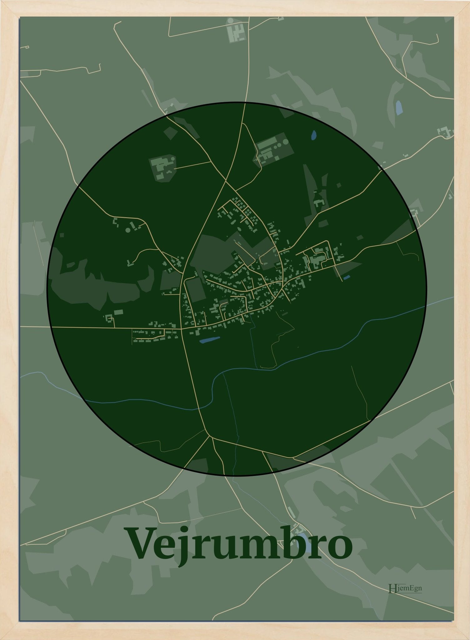 Vejrumbro plakat i farve mørk grøn og HjemEgn.dk design centrum. Design bykort for Vejrumbro