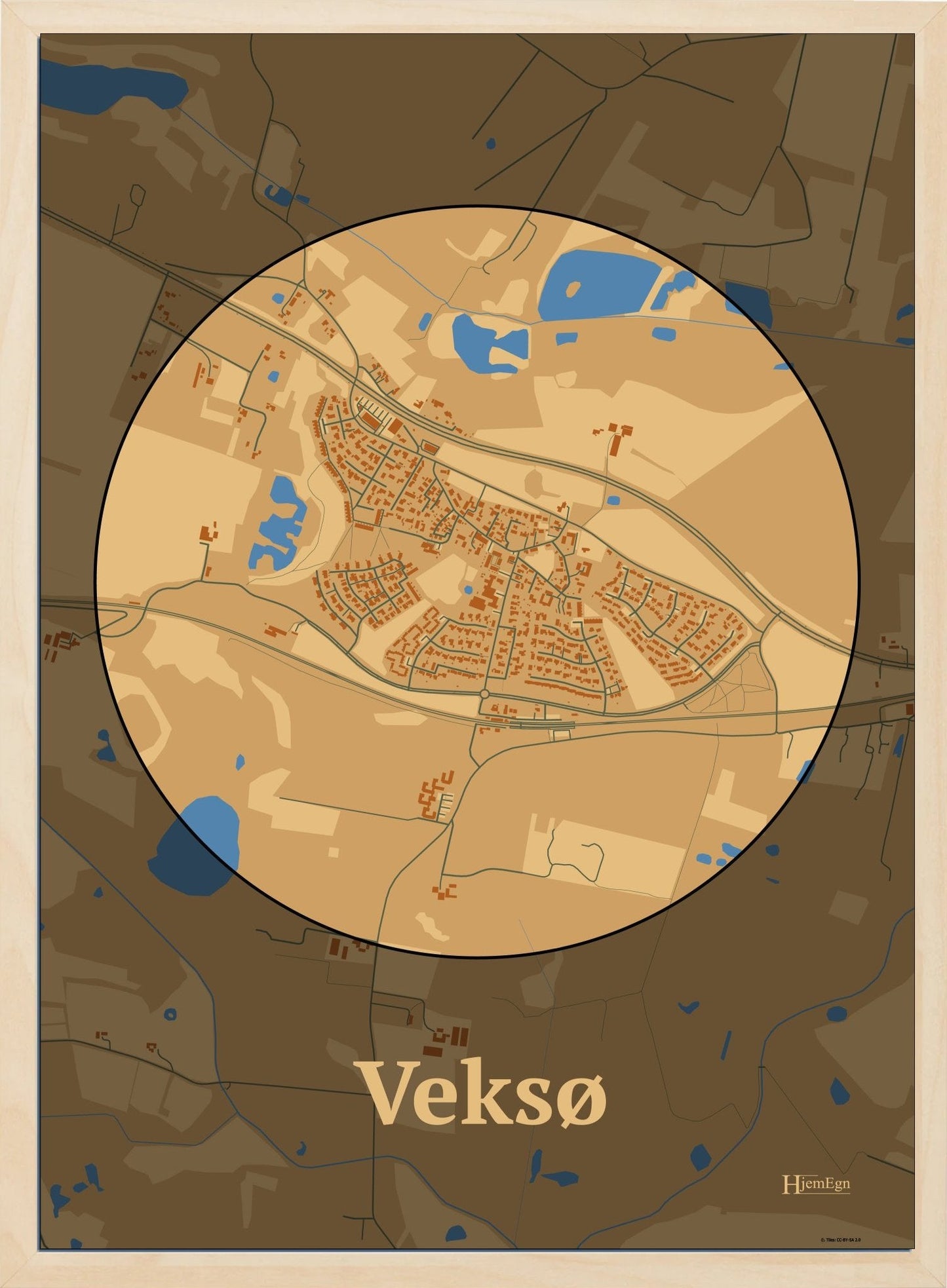 Veksø plakat i farve pastel brun og HjemEgn.dk design centrum. Design bykort for Veksø
