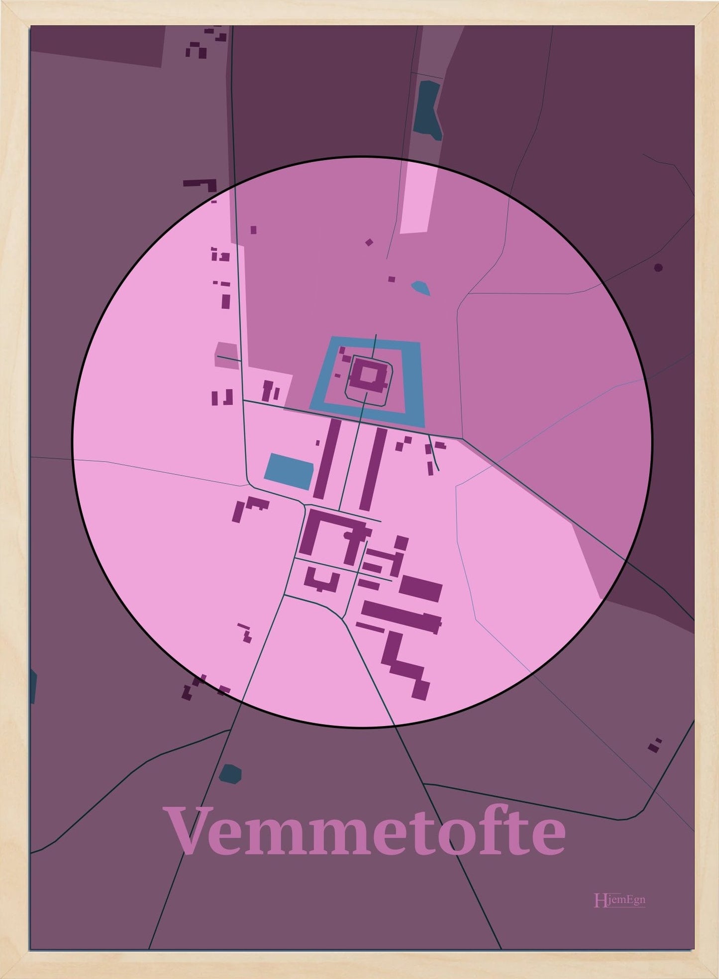 Vemmetofte plakat i farve pastel rød og HjemEgn.dk design centrum. Design bykort for Vemmetofte