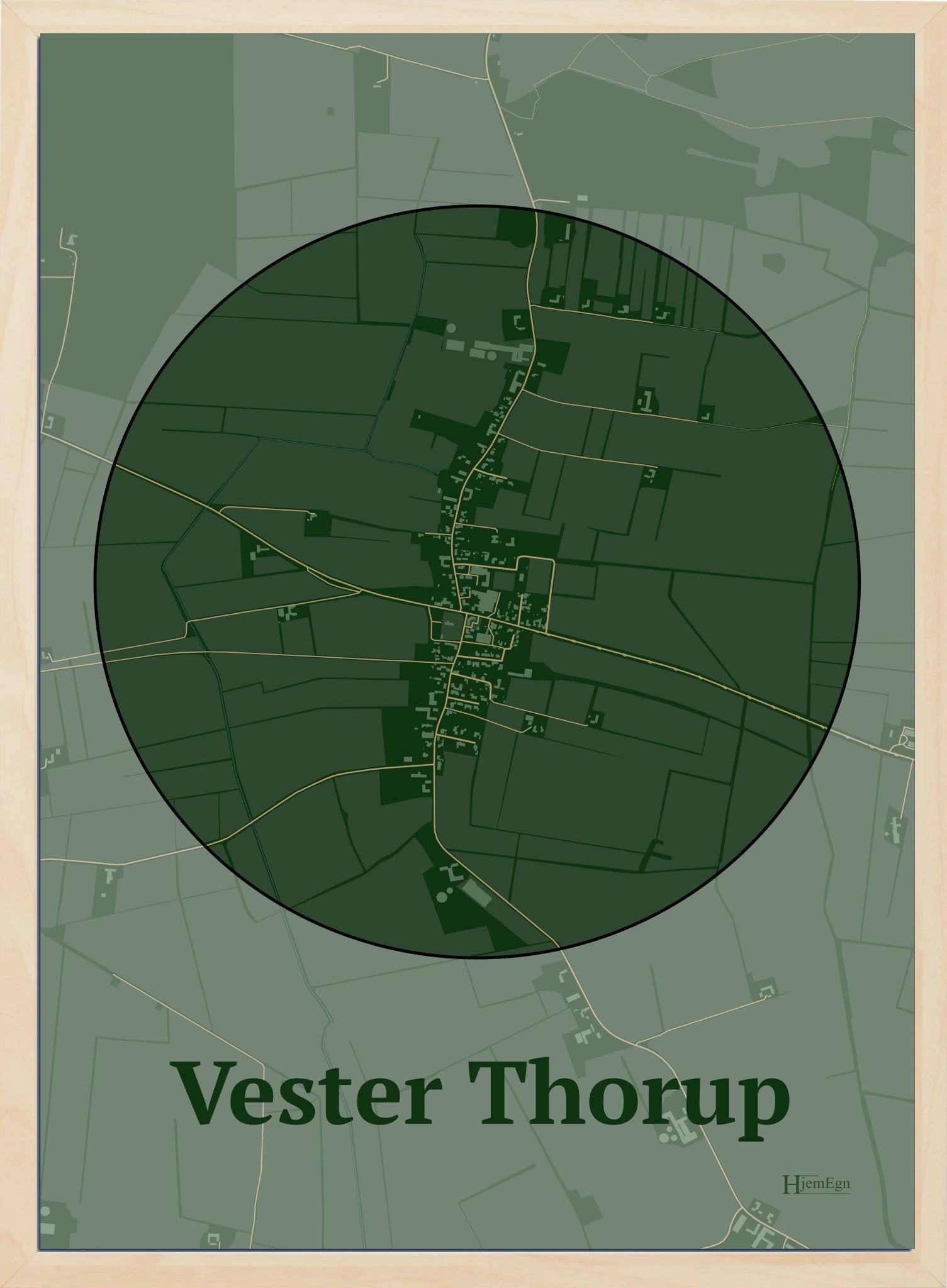 Vester Thorup plakat i farve mørk grøn og HjemEgn.dk design centrum. Design bykort for Vester Thorup