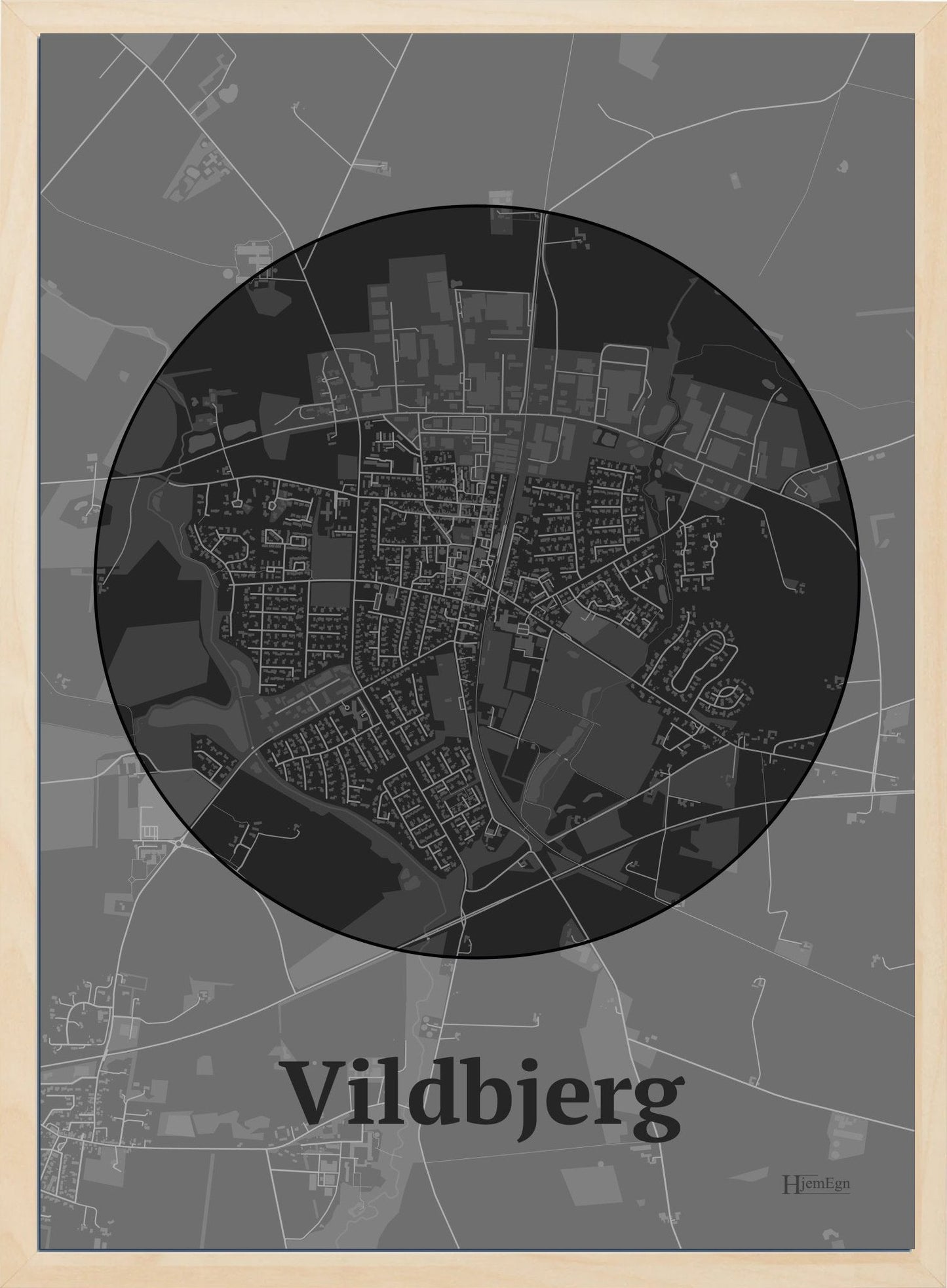 Vildbjerg plakat i farve mørk grå og HjemEgn.dk design centrum. Design bykort for Vildbjerg