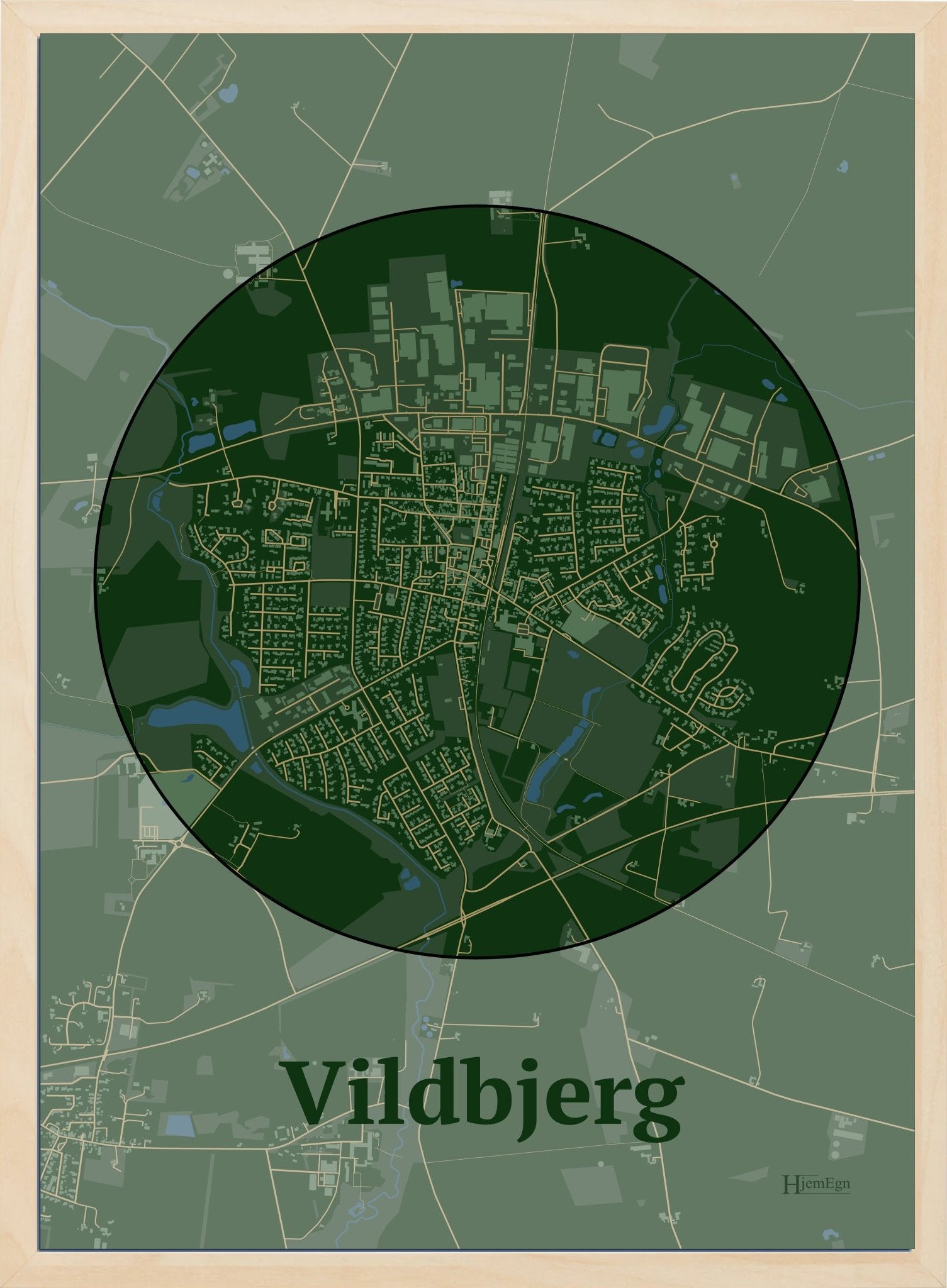 Vildbjerg plakat i farve mørk grøn og HjemEgn.dk design centrum. Design bykort for Vildbjerg
