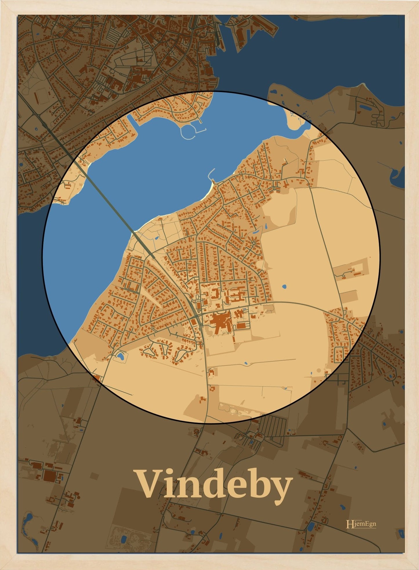 Vindeby plakat i farve pastel brun og HjemEgn.dk design centrum. Design bykort for Vindeby