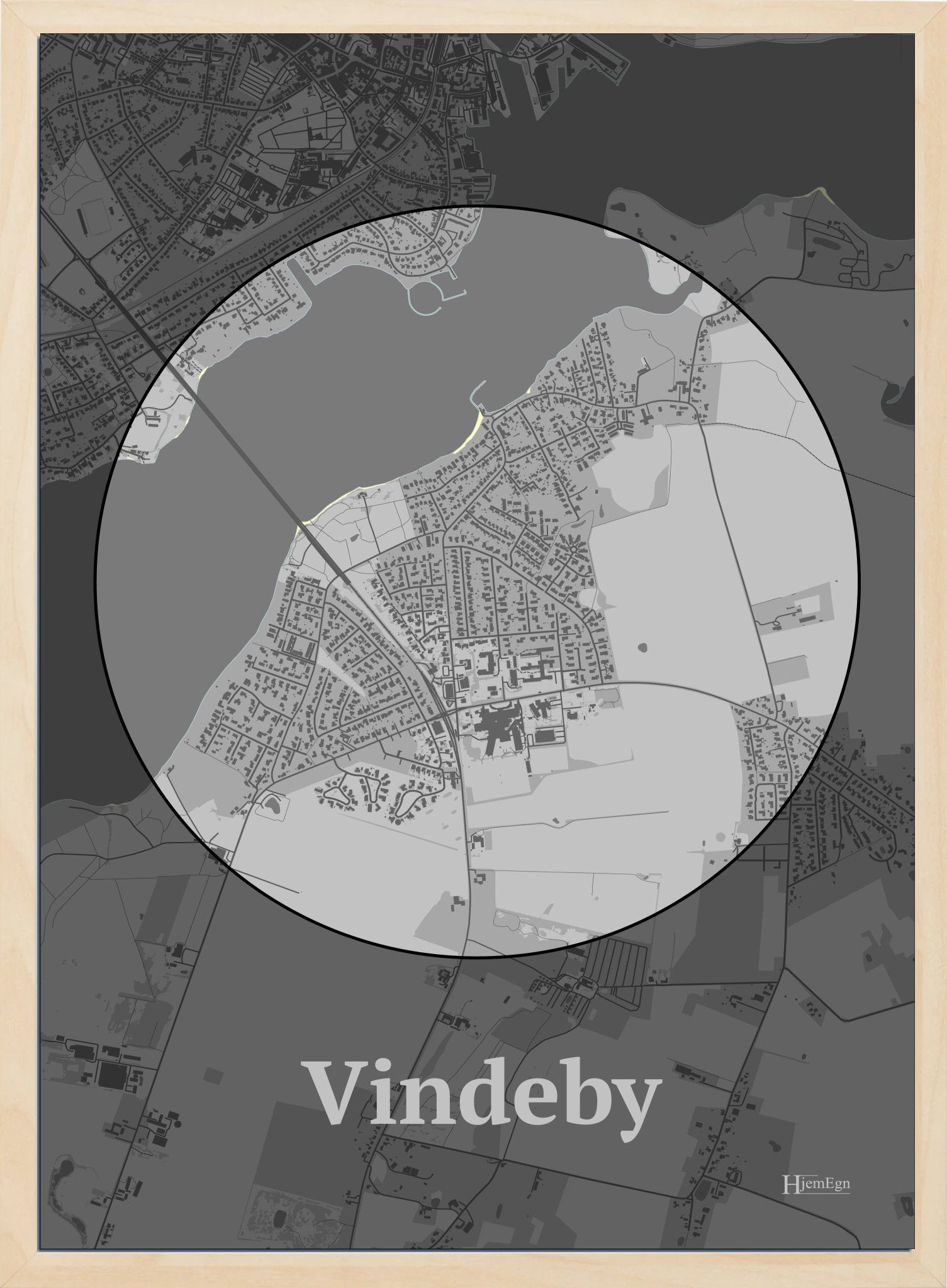 Vindeby plakat i farve pastel grå og HjemEgn.dk design centrum. Design bykort for Vindeby