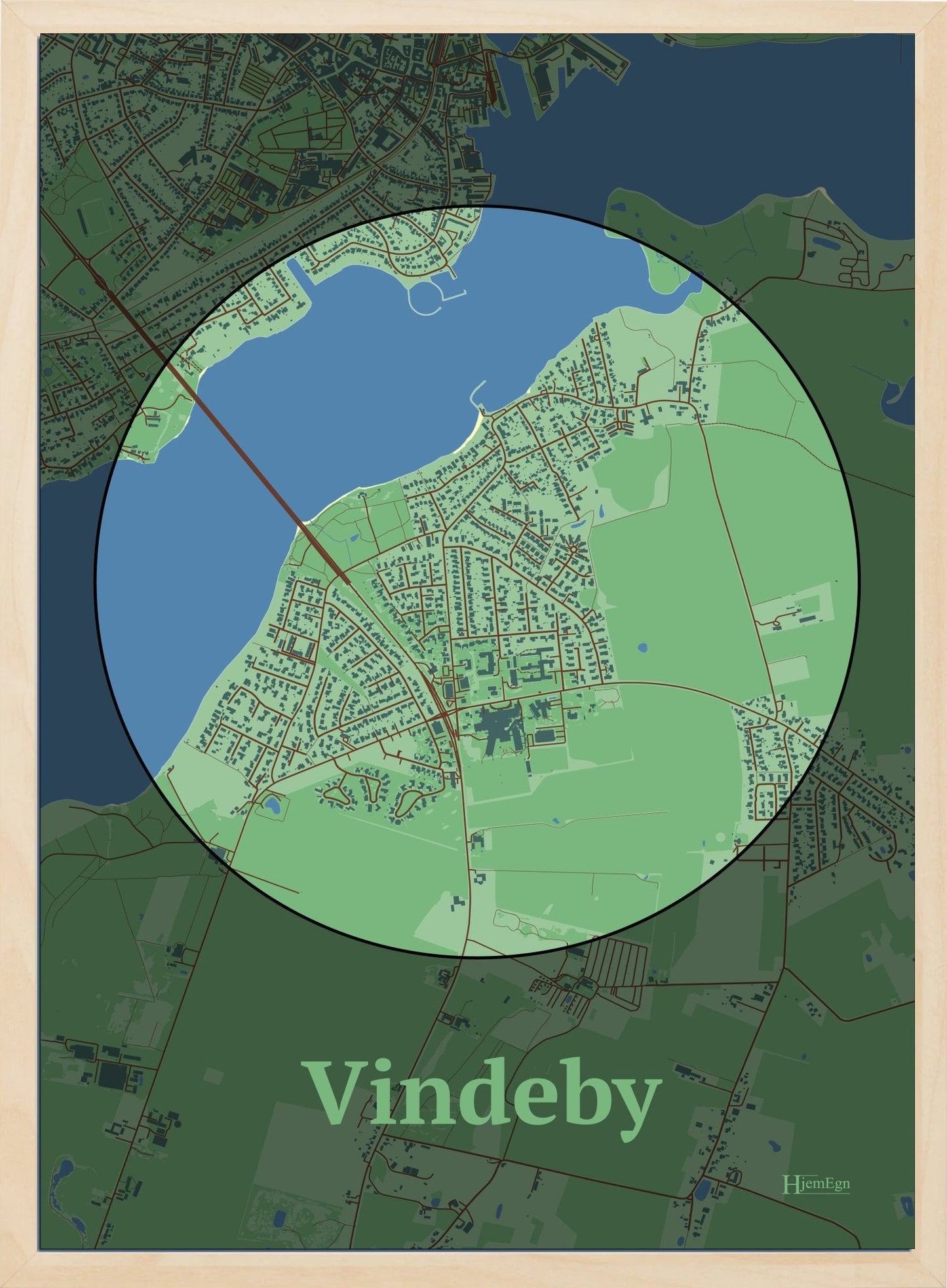 Vindeby plakat i farve pastel grøn og HjemEgn.dk design centrum. Design bykort for Vindeby