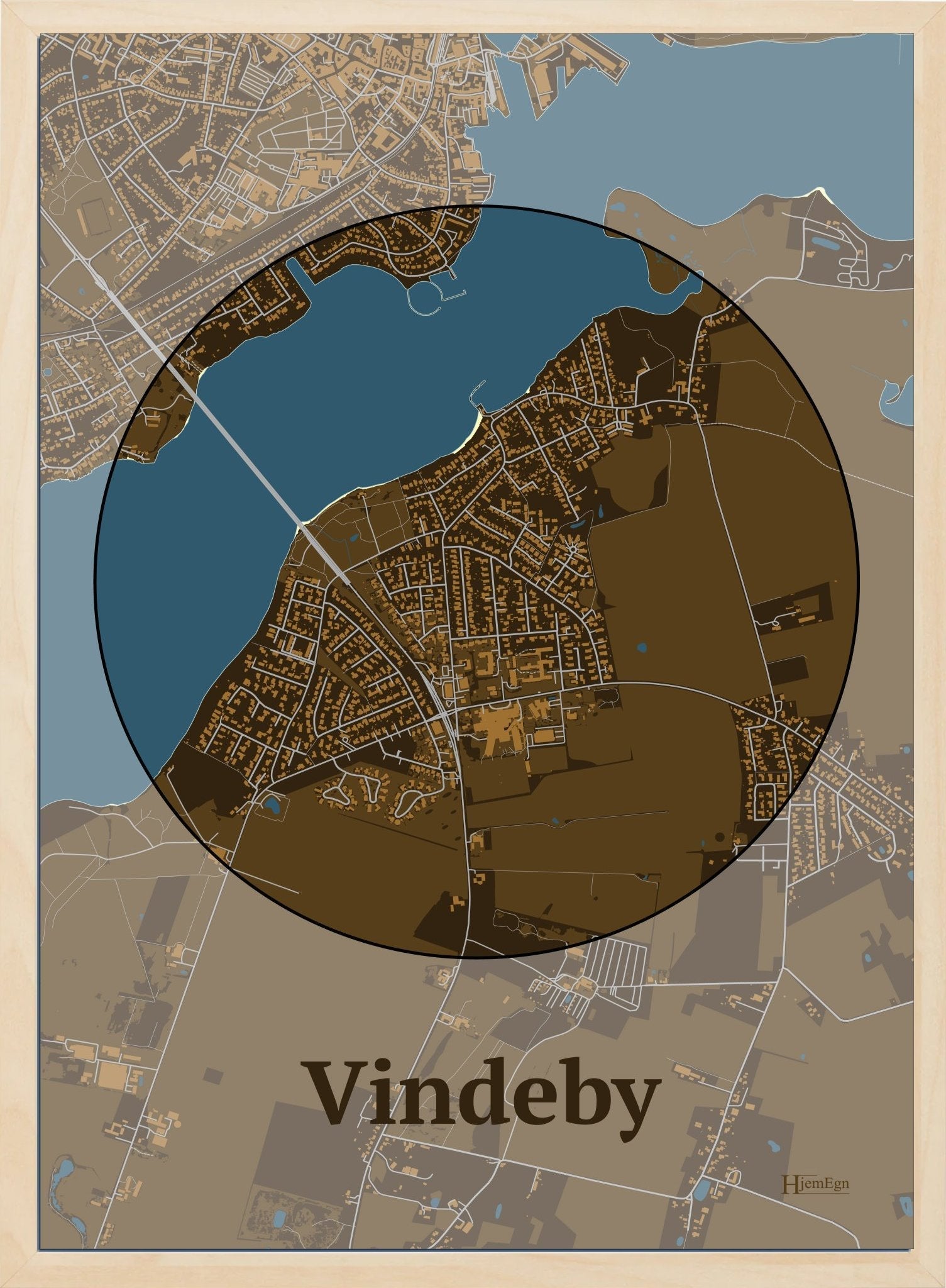 Vindeby plakat i farve mørk brun og HjemEgn.dk design centrum. Design bykort for Vindeby