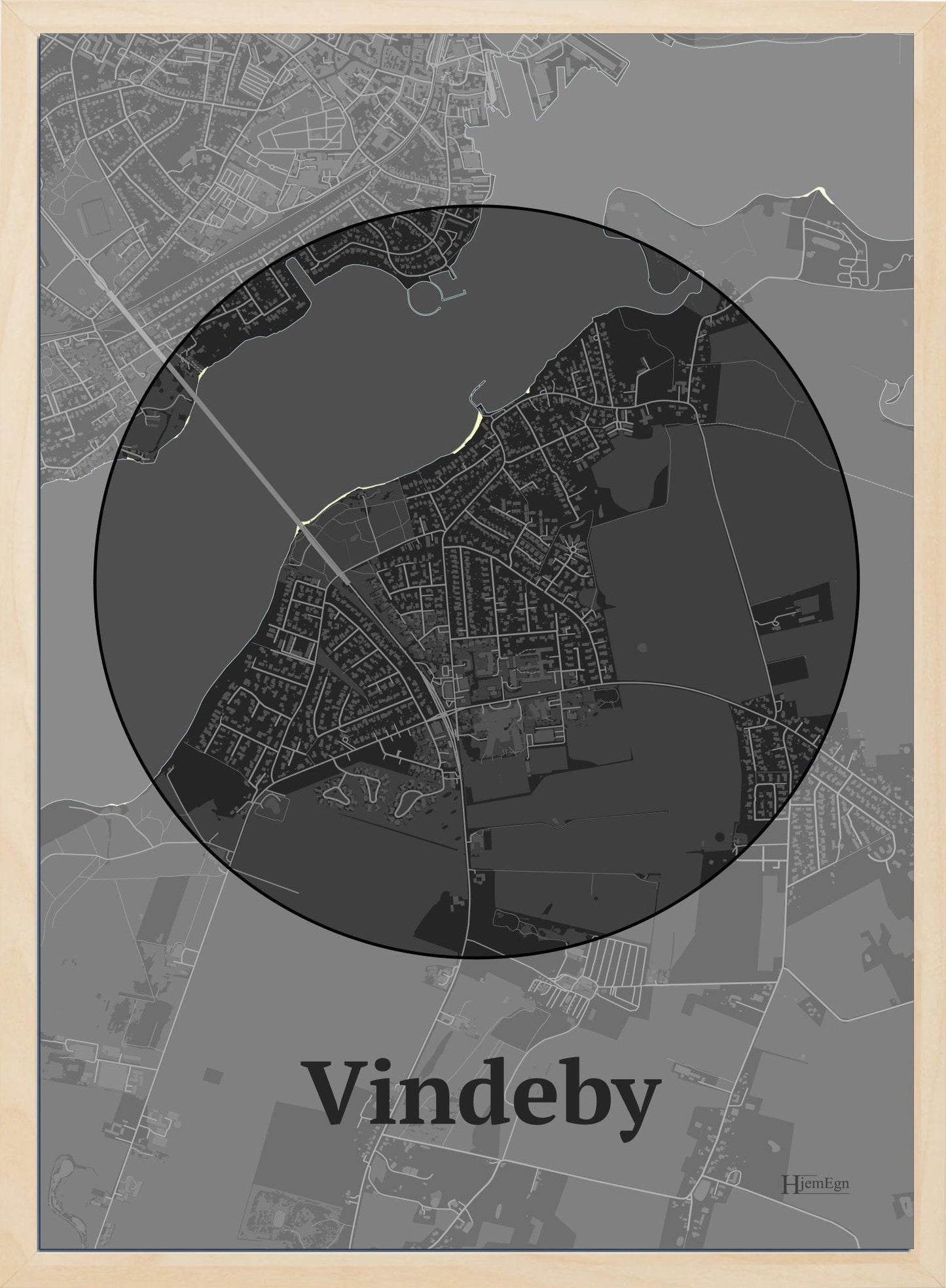 Vindeby plakat i farve mørk grå og HjemEgn.dk design centrum. Design bykort for Vindeby