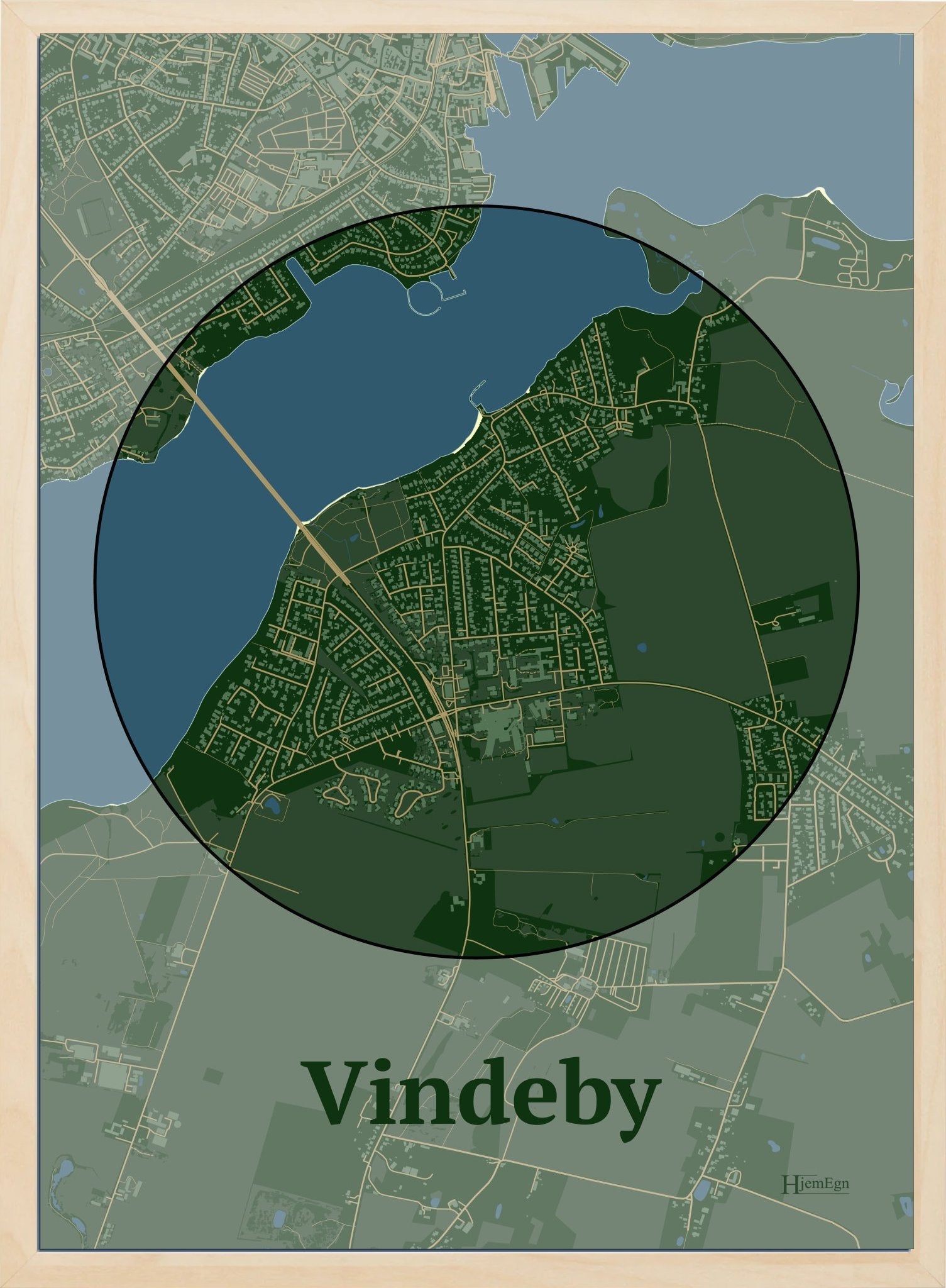 Vindeby plakat i farve mørk grøn og HjemEgn.dk design centrum. Design bykort for Vindeby