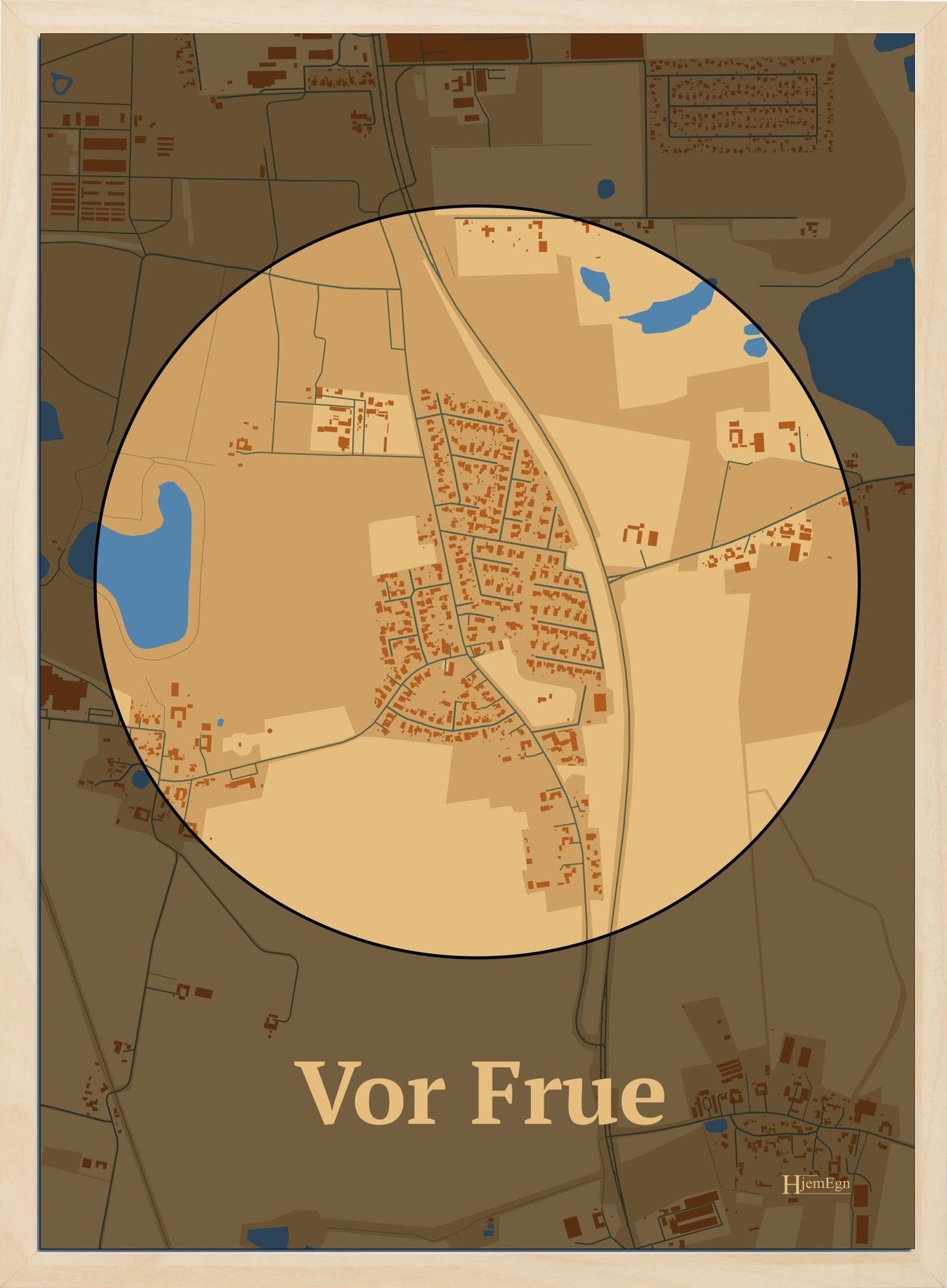 Vor Frue plakat i farve pastel brun og HjemEgn.dk design centrum. Design bykort for Vor Frue