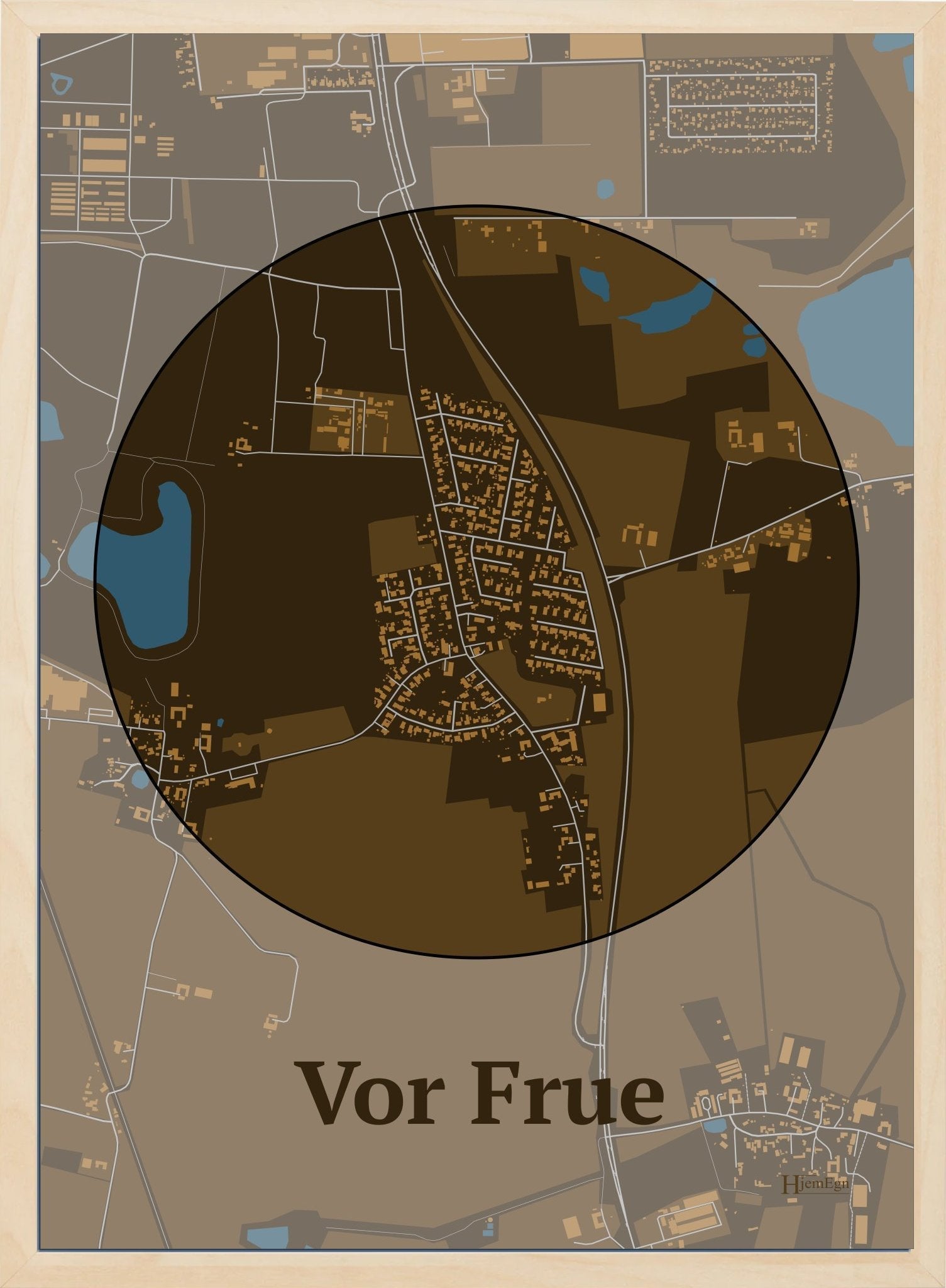 Vor Frue plakat i farve mørk brun og HjemEgn.dk design centrum. Design bykort for Vor Frue