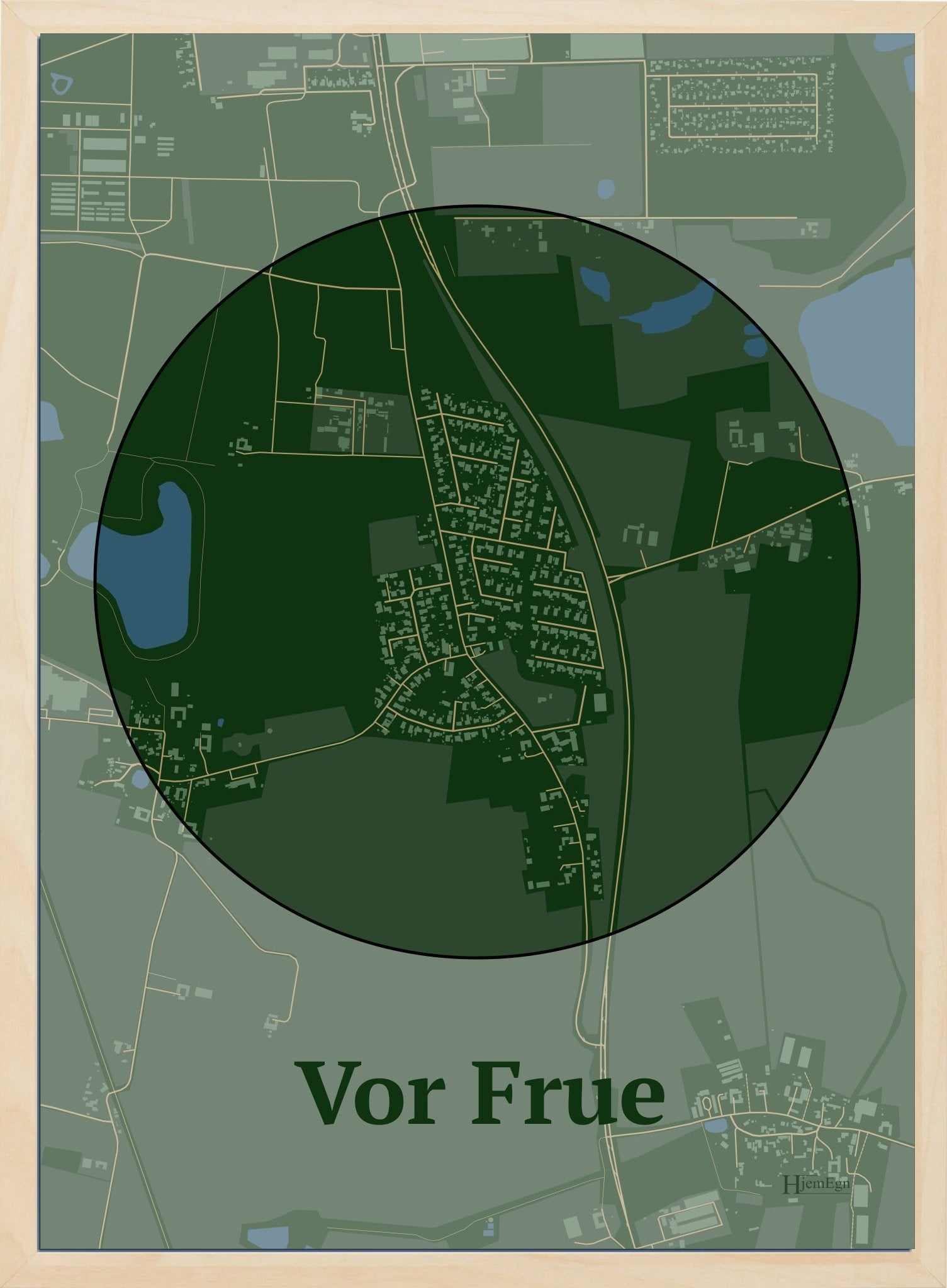 Vor Frue plakat i farve mørk grøn og HjemEgn.dk design centrum. Design bykort for Vor Frue