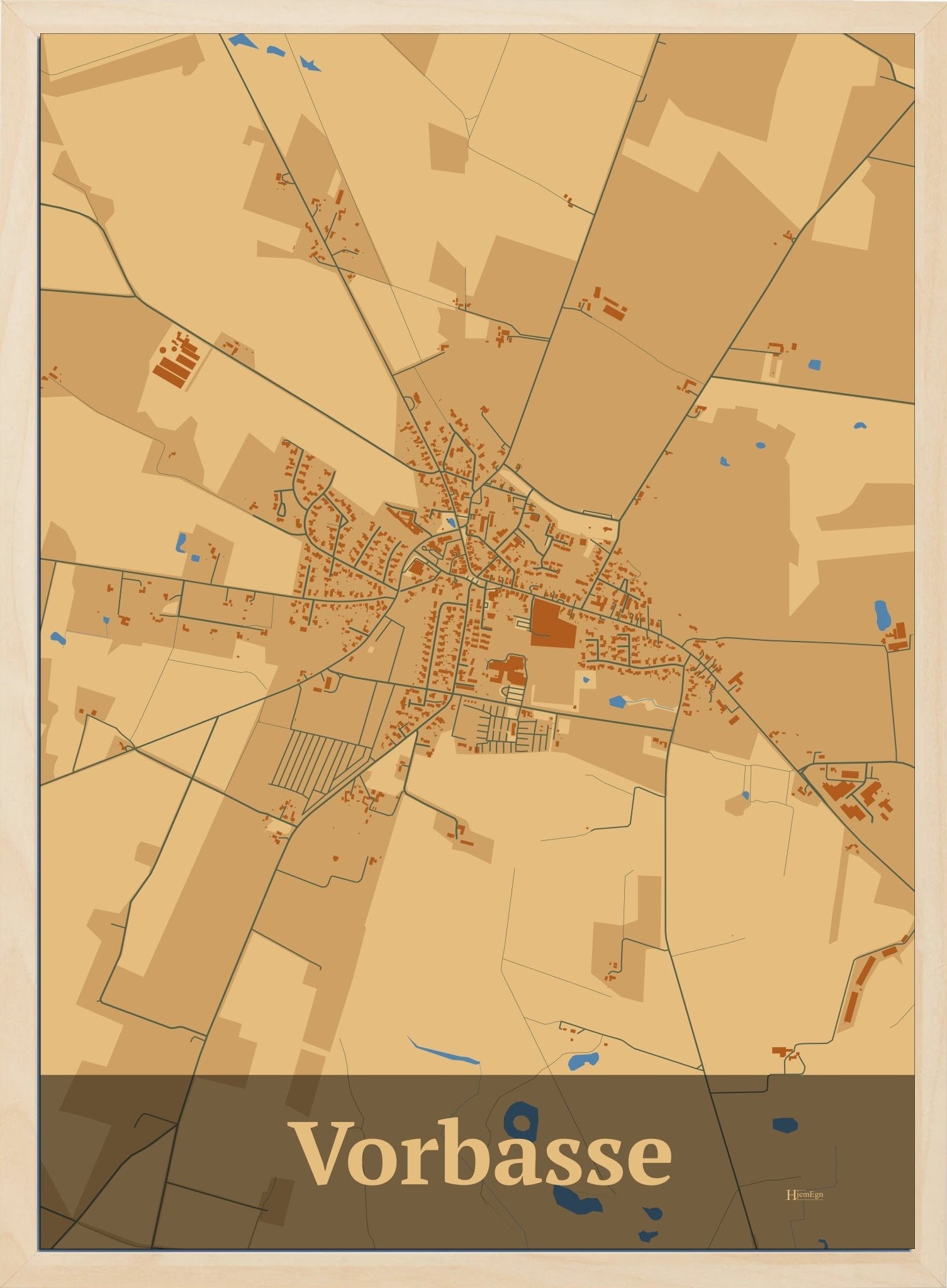 Vorbasse plakat i farve pastel brun og HjemEgn.dk design firkantet. Design bykort for Vorbasse