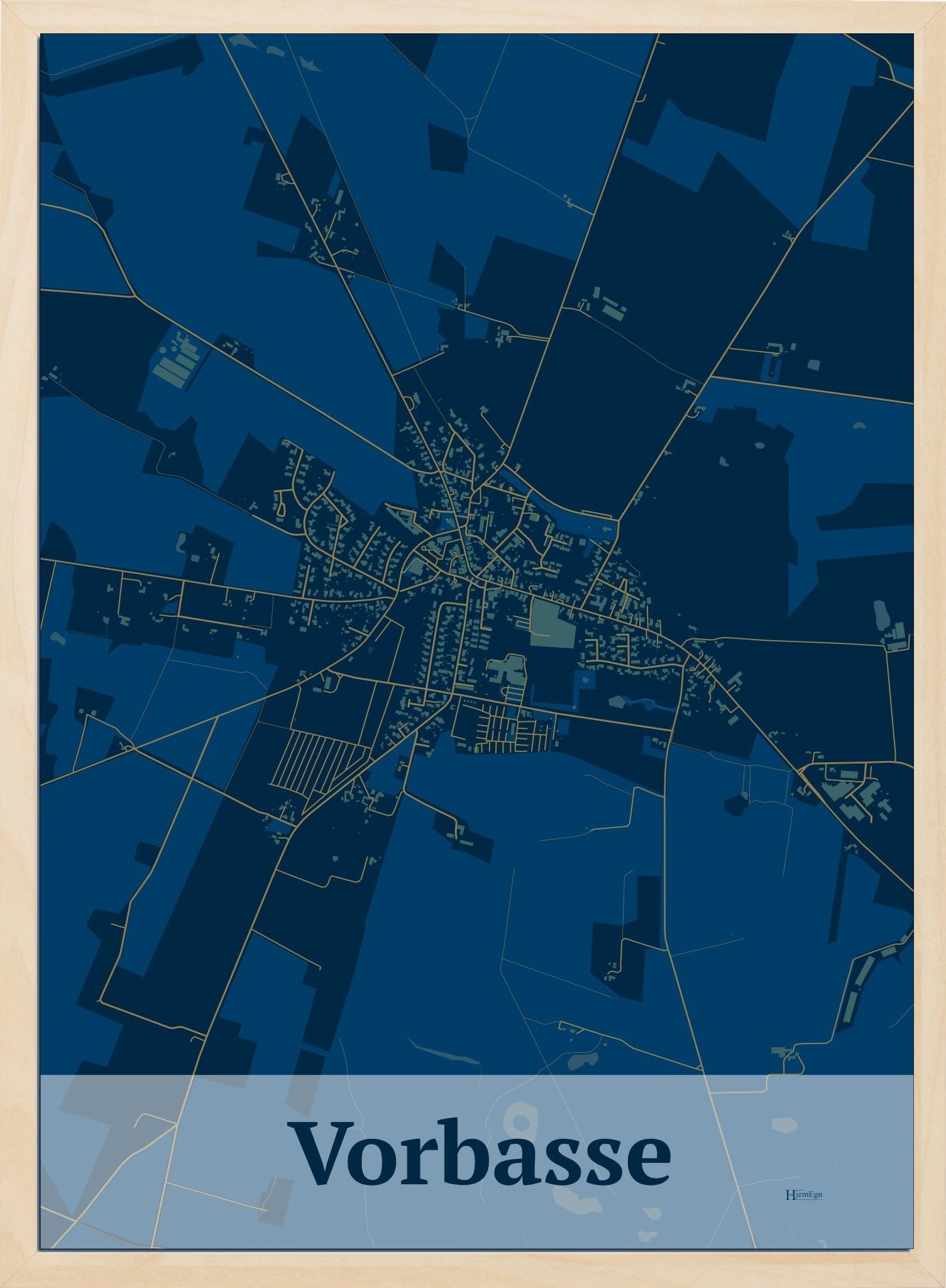 Vorbasse plakat i farve mørk blå og HjemEgn.dk design firkantet. Design bykort for Vorbasse