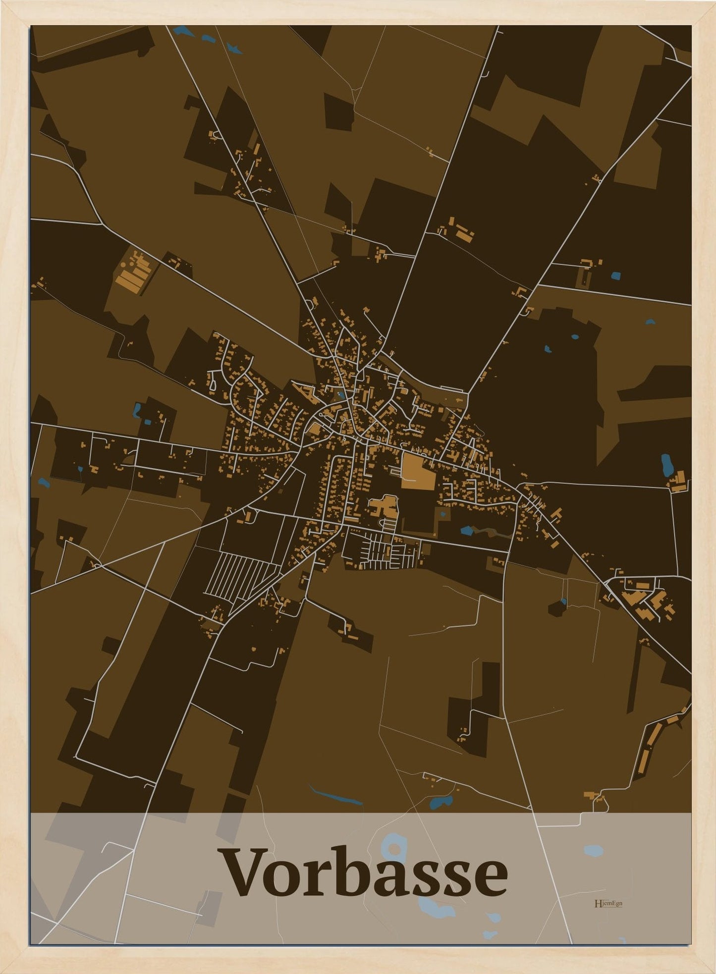 Vorbasse plakat i farve mørk brun og HjemEgn.dk design firkantet. Design bykort for Vorbasse