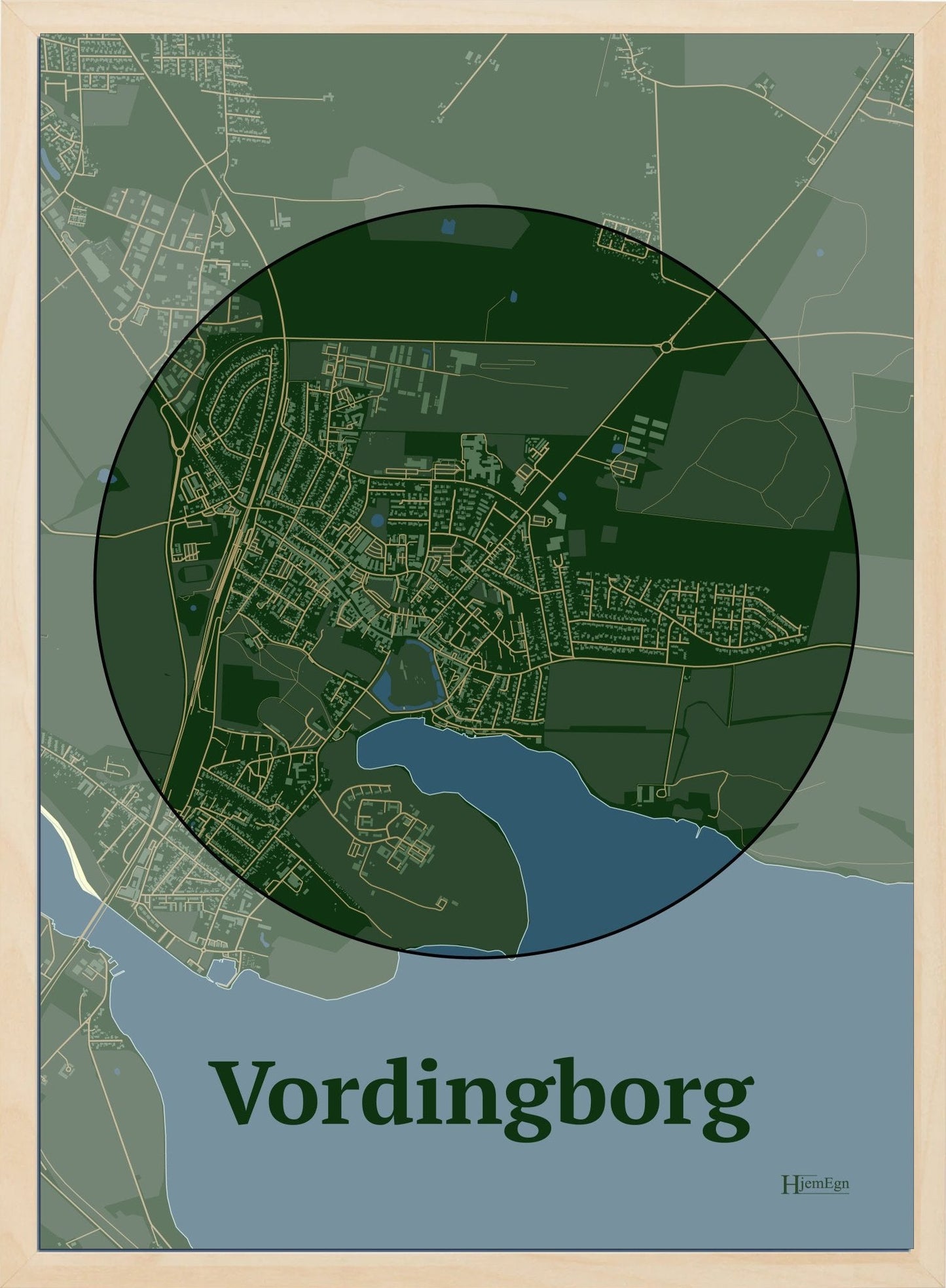 Vordingborg plakat i farve mørk grøn og HjemEgn.dk design centrum. Design bykort for Vordingborg